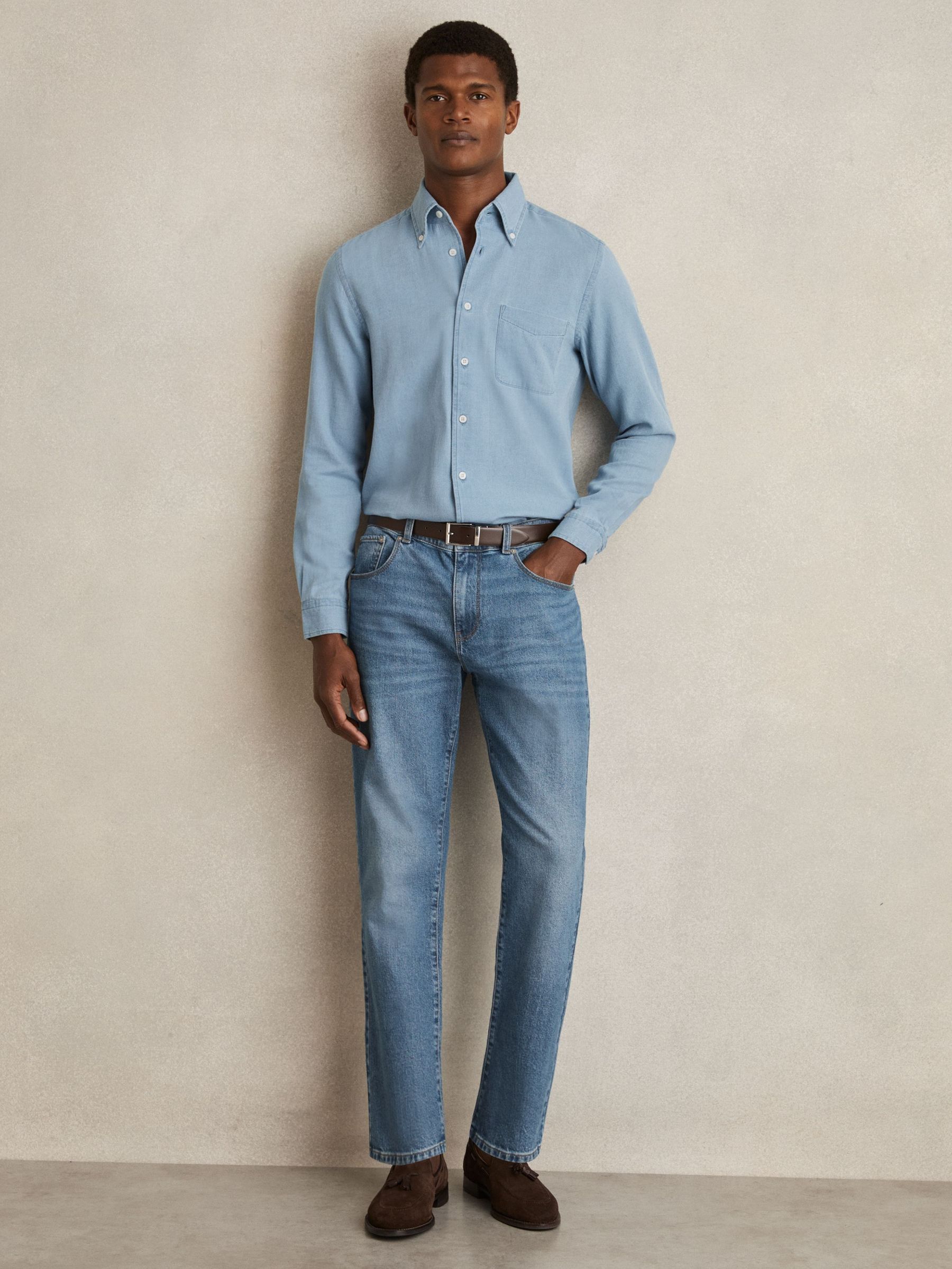Cotton-Piqué Button-Down Chambray Shirt in Washed Blue (AM4619) | €140
