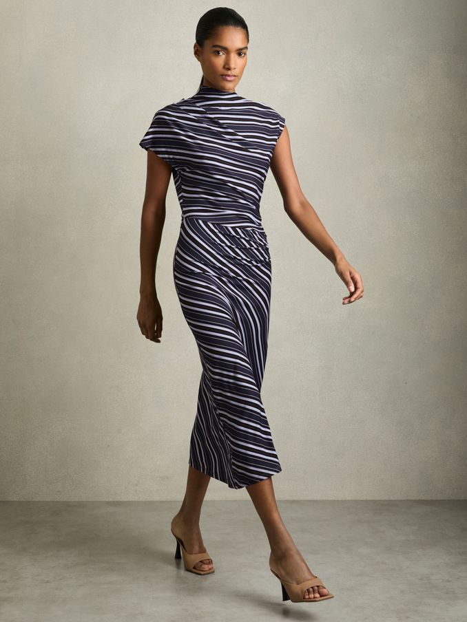 Stripe-Print Draped Midi Dress in Blue (AM4620) | US$142