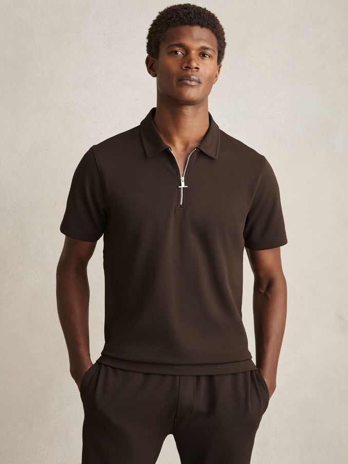 Textured Half-Zip Polo Shirt in Chocolate Brown (AM5301) | US$110