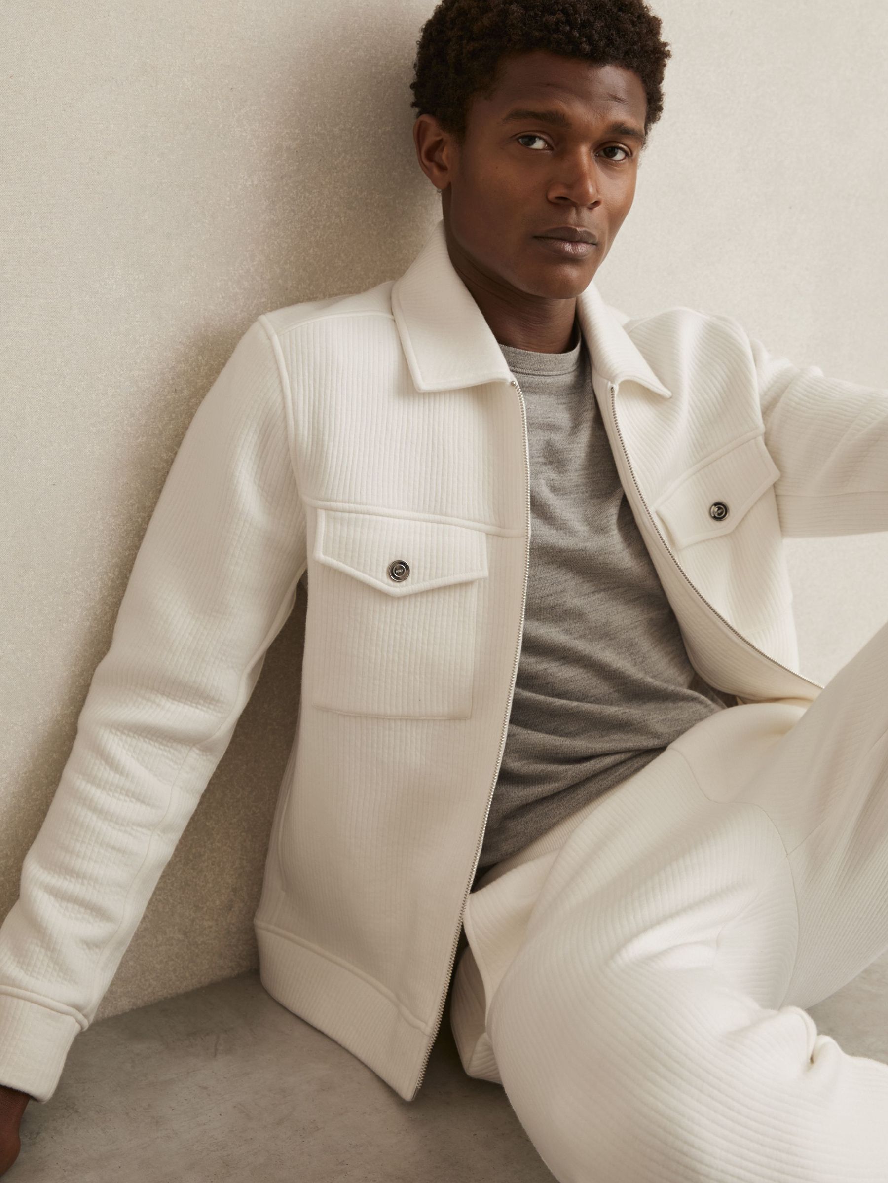 Jersey Ribbed Zip Overshirt in White (AM5312) | US$126