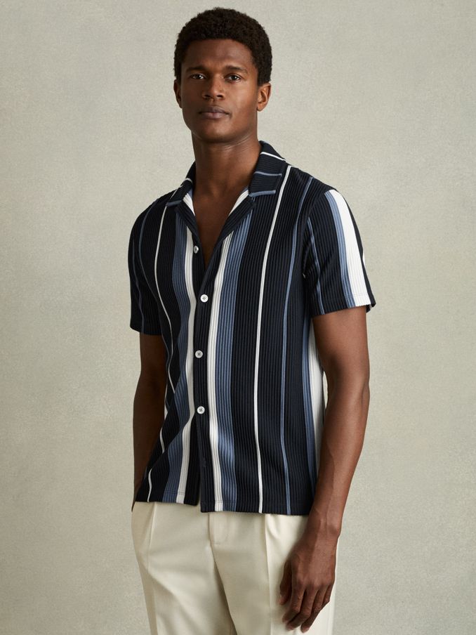 Striped Cuban-Collar Shirt in Navy Multi (AM5316) | €125