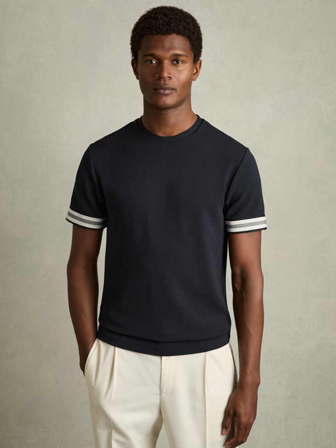 Tape-Cuff Textured T-Shirt in Navy (AM5318) | €85