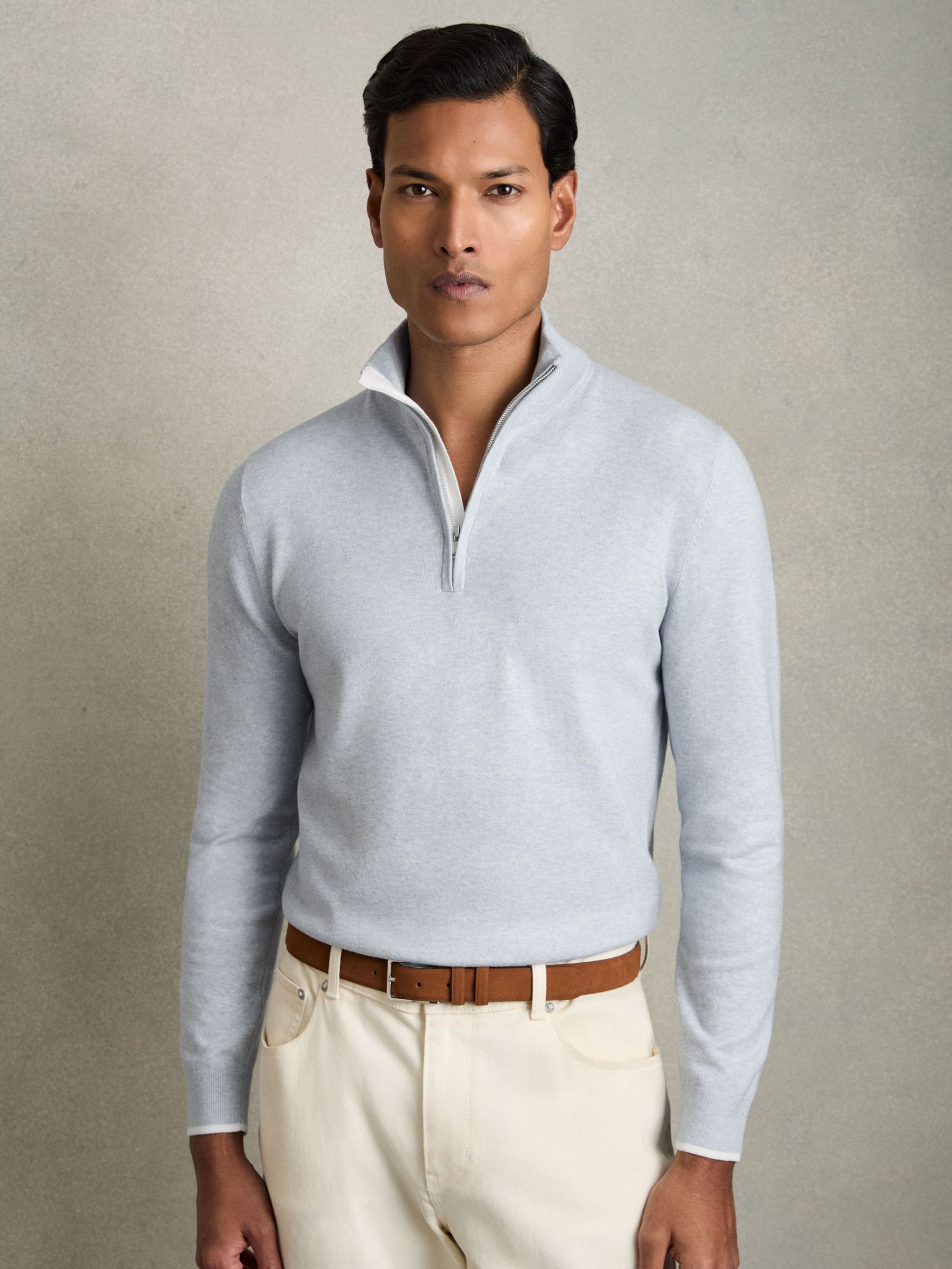 Cotton Blend Half Zip Jumper in Soft Blue (AM9050) | US$125