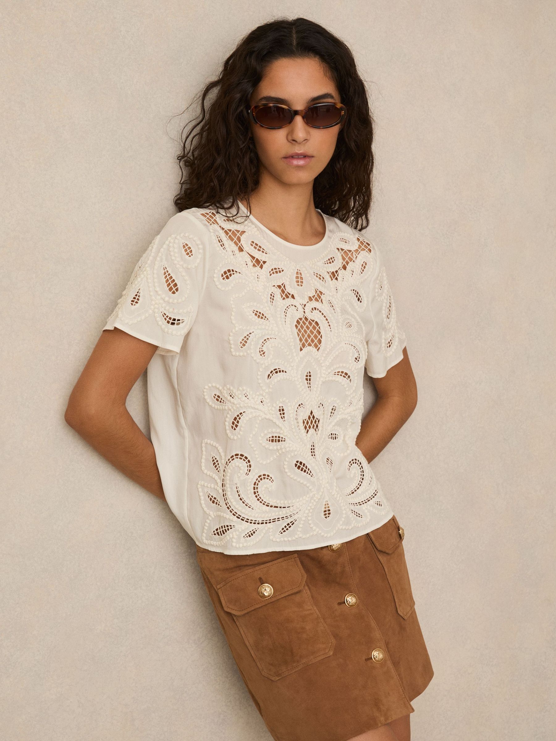 Floral Cut-Out Embroidery Top in Ivory (AM9057) | €195