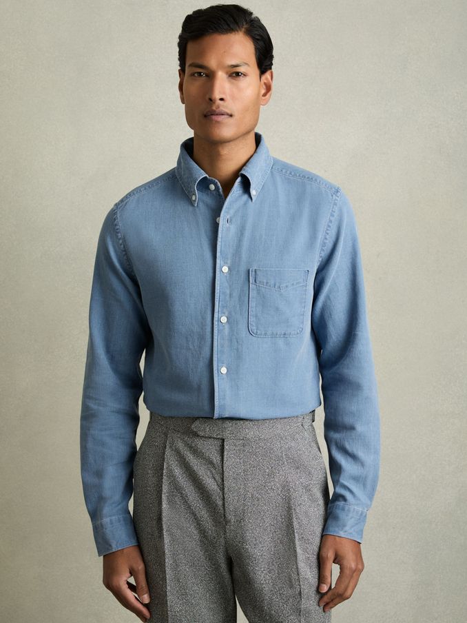 Denim Piqué Button-Through Shirt in Indigo Blue (AM9068) | €170