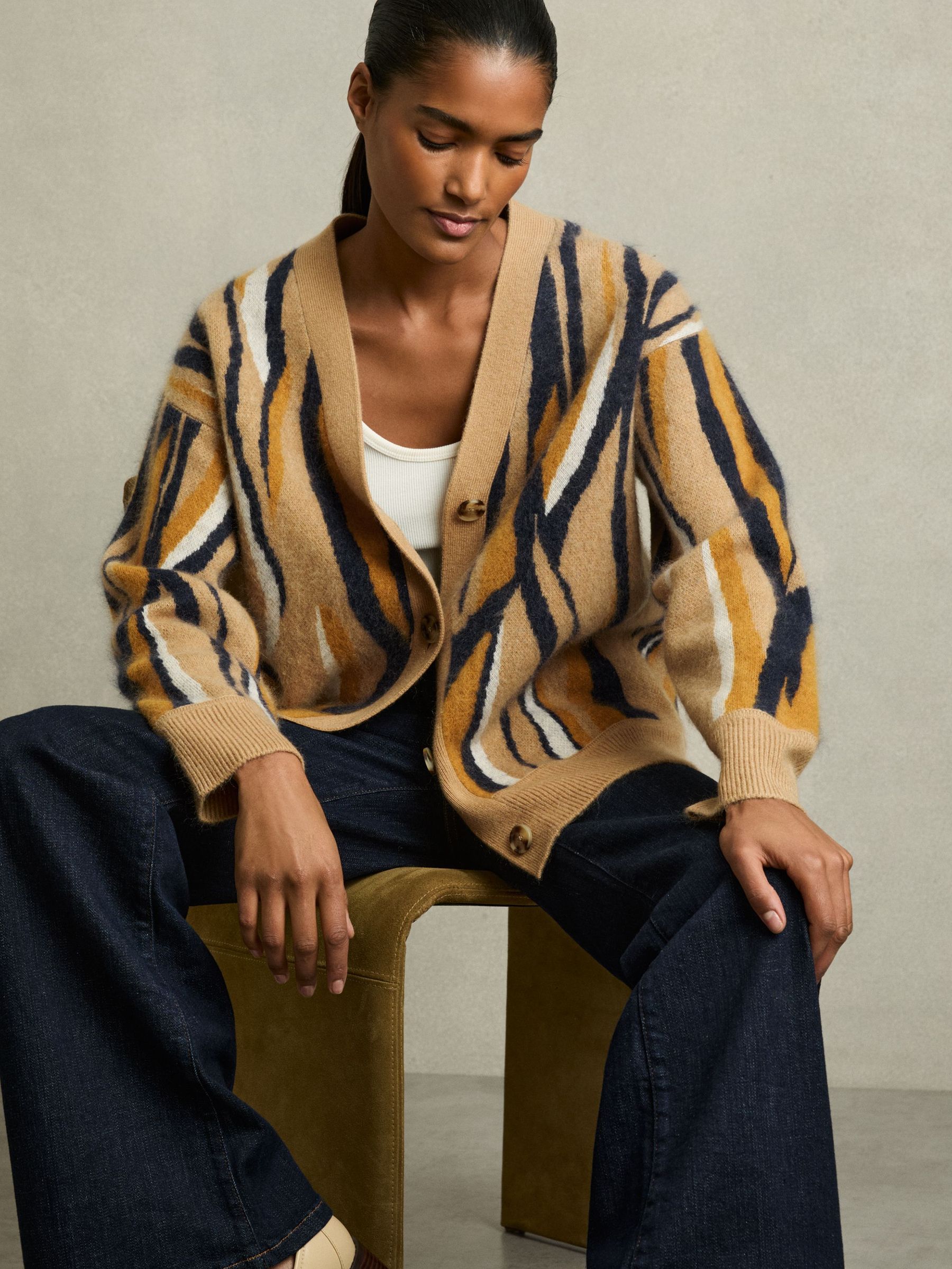 Wool Cashmere Intarsia Stripe Cardigan in Camel (AM9103) | $302