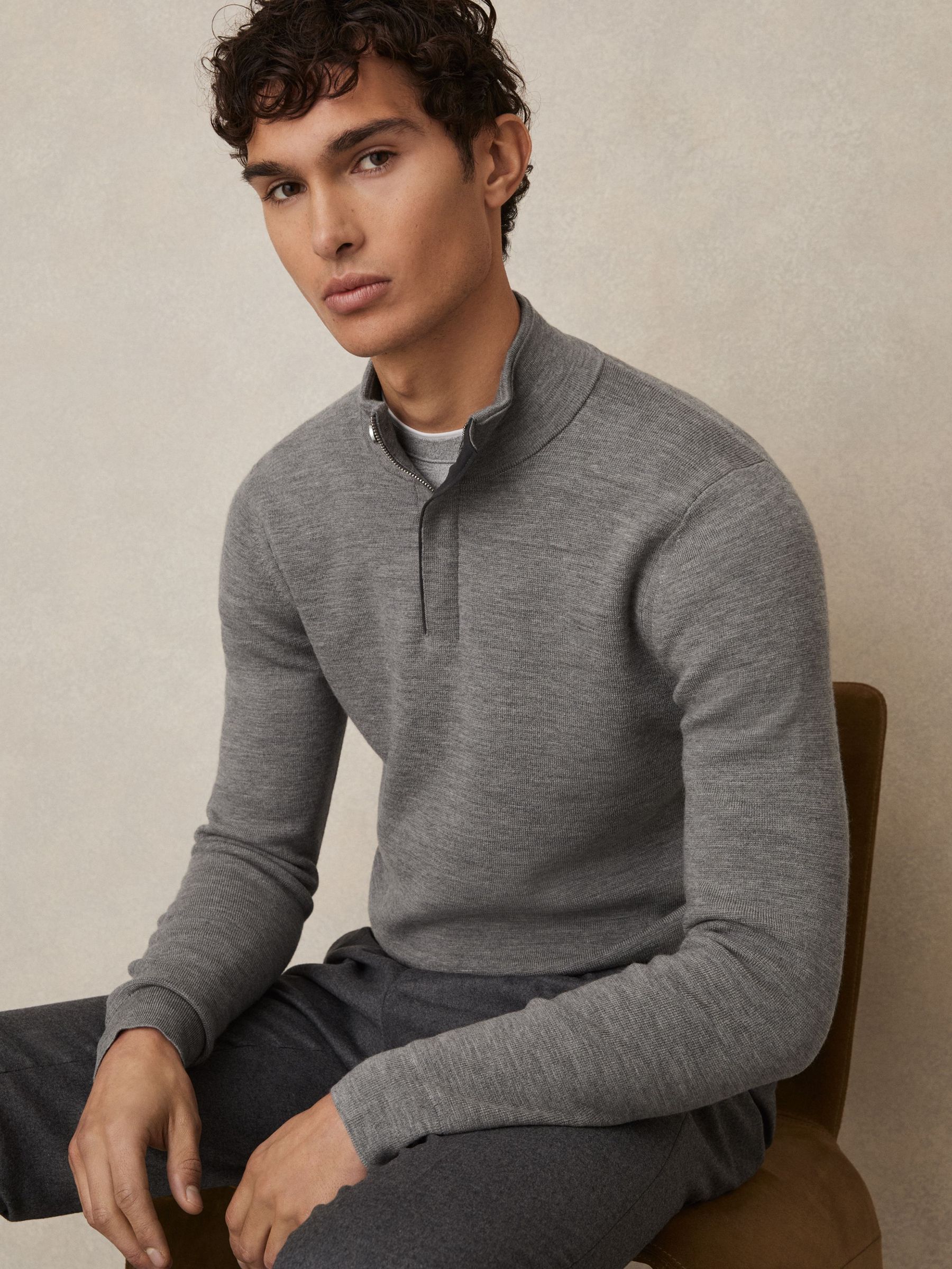 Merino Wool Half-Zip Jumper in Warm Grey Melange (AM9106) | $116