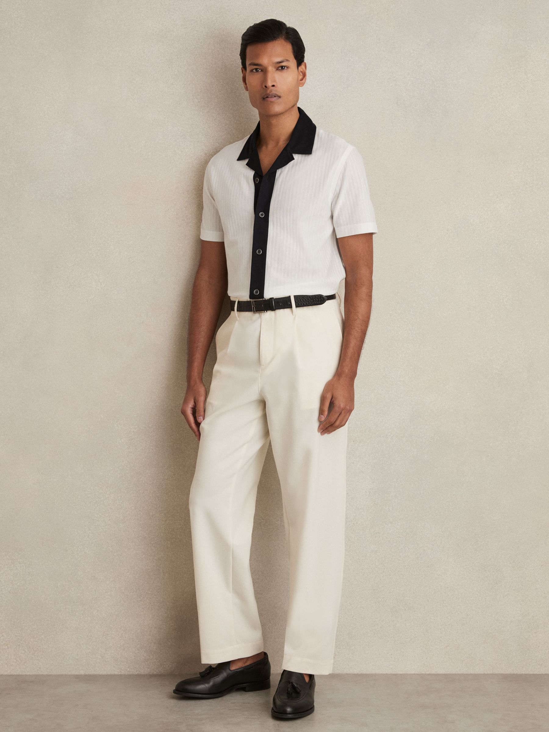 Cotton Textured Colour-Block Shirt in White/Navy (AM9721) | US$145