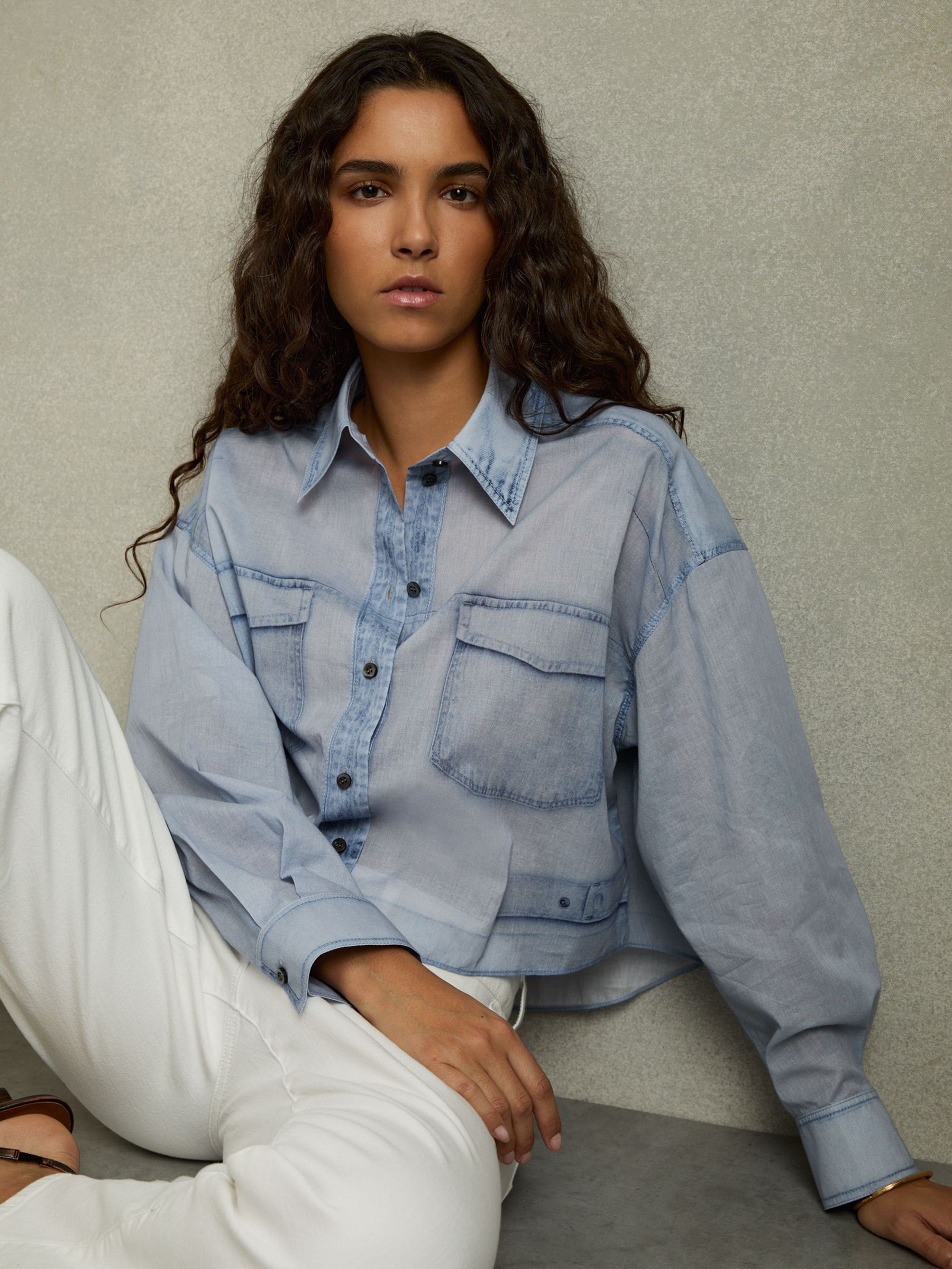 Cotton Denim-Print Cropped Shirt in Blue (AM9725) | US$265