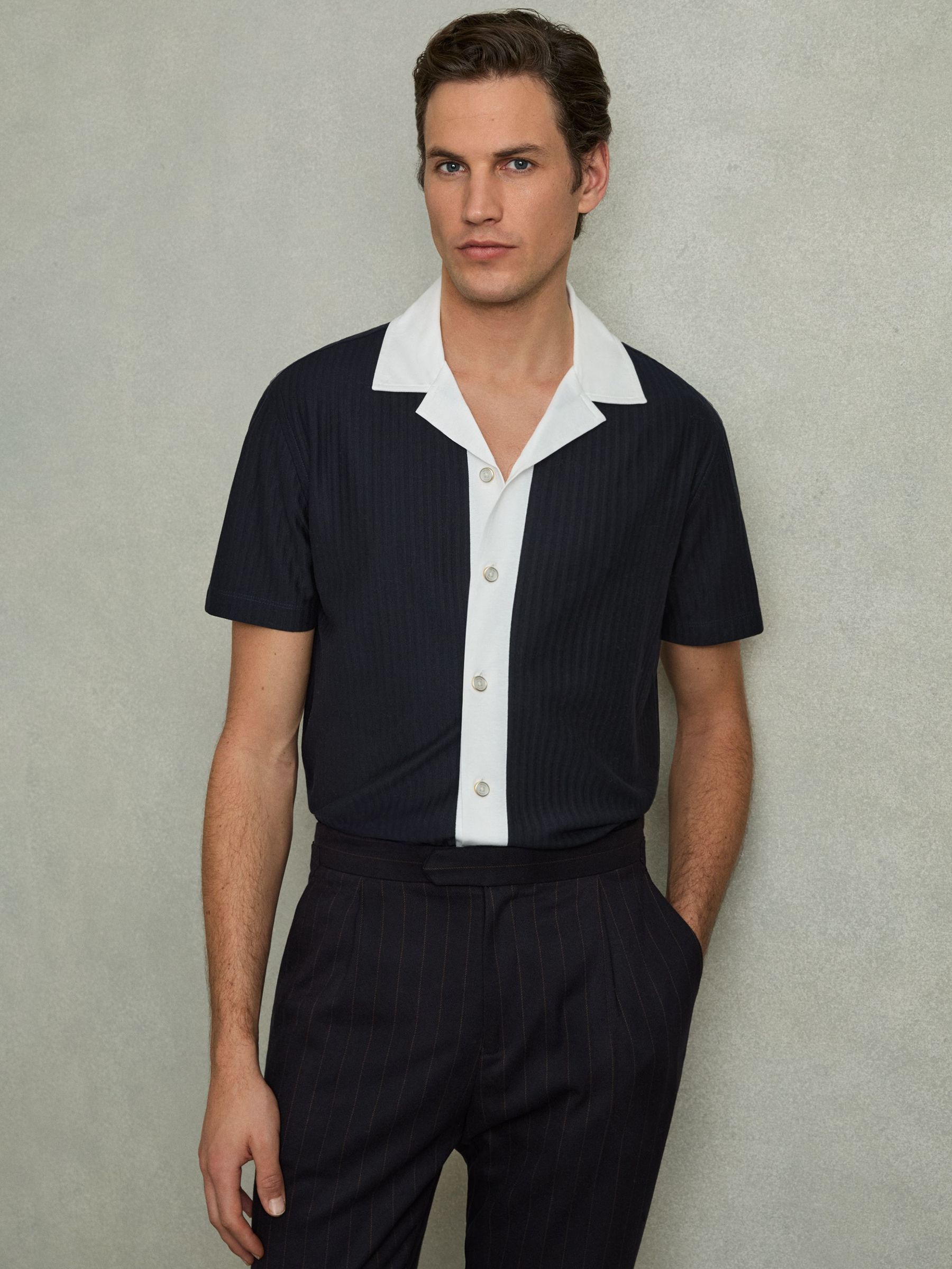 Cotton Textured Colour-Block Shirt in Navy/White (AM9731) | US$145