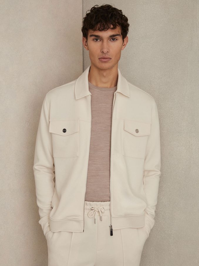 Interlock Jersey Zip-Through Overshirt in Off White (AM9732) | HK$1,136
