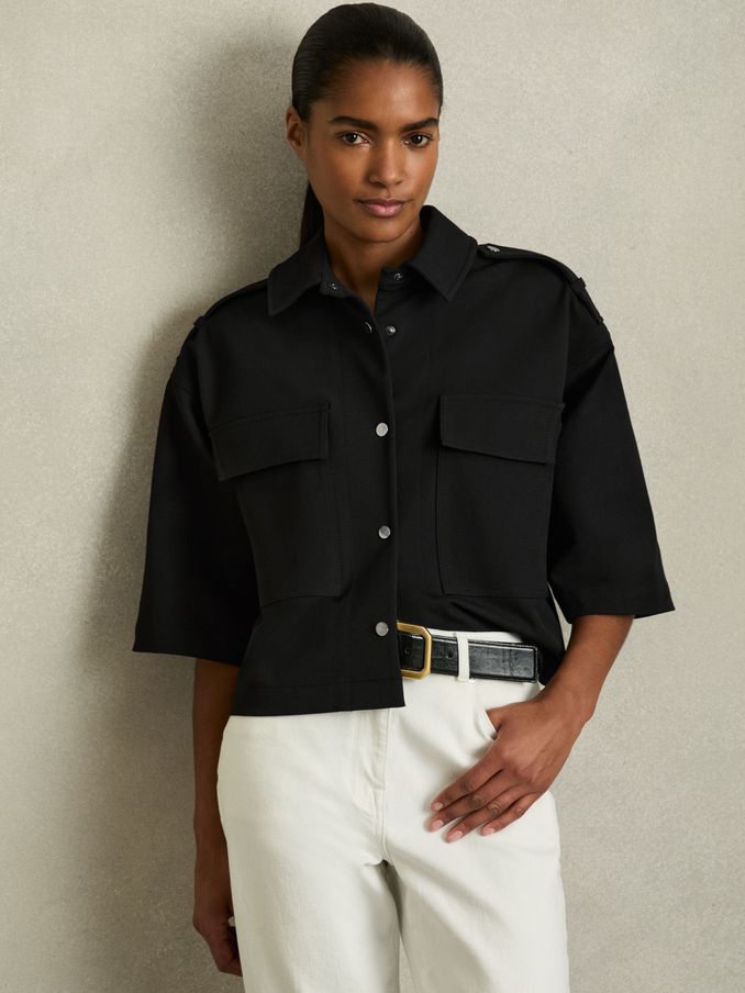 Cropped Twill Shirt Jacket in Black (AN1104) | US$234