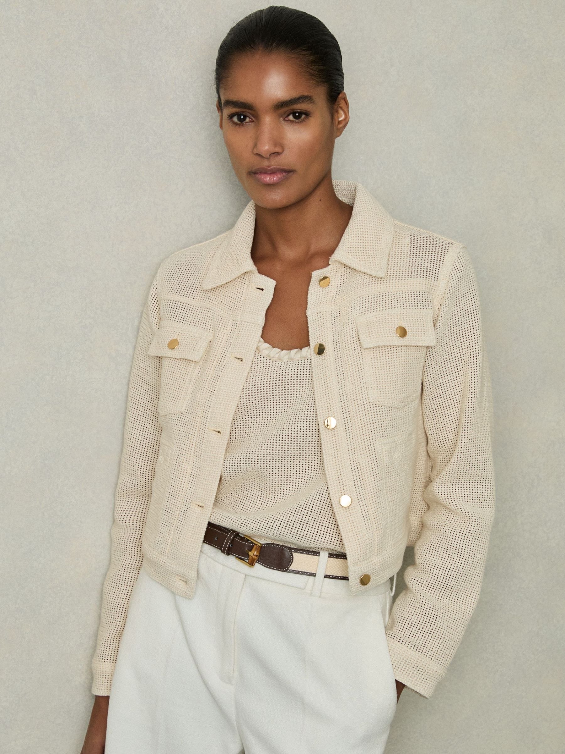Cotton-Blend Textured Trucker Jacket in Neutral (AN1743) | €385