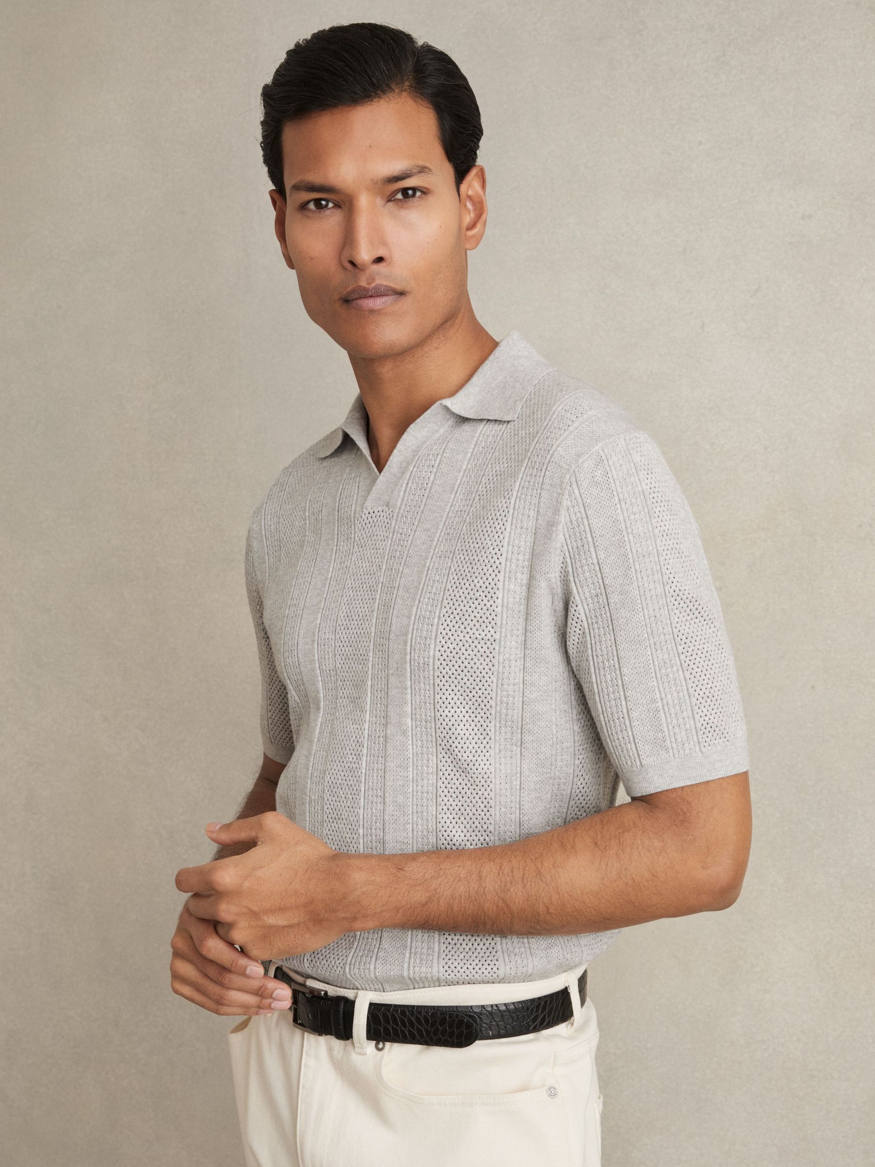 Textured-Stripe Knitted Polo Shirt in Grey Melange (AN2398) | €145