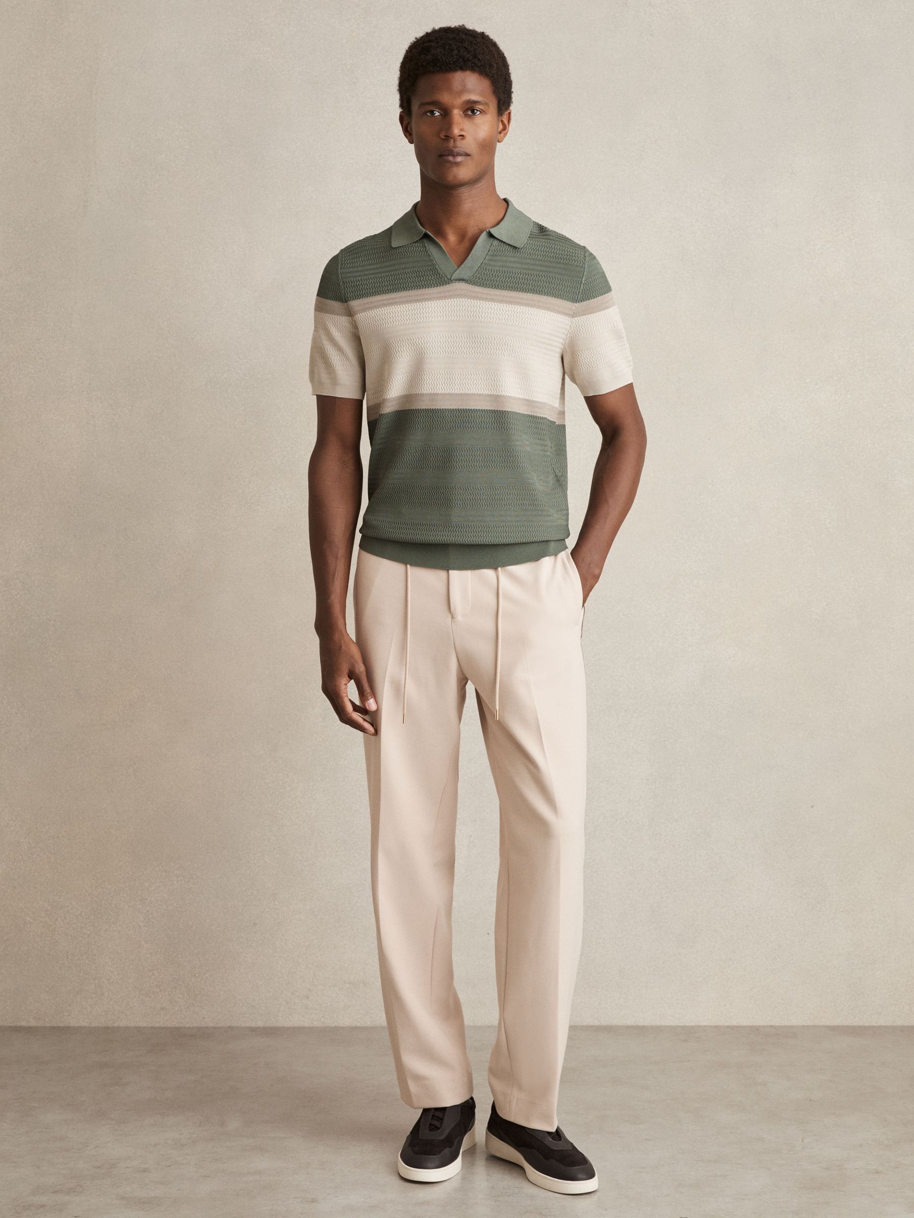Textured Knit Stripe Polo Shirt in Sage Green (AN2402) | US$180
