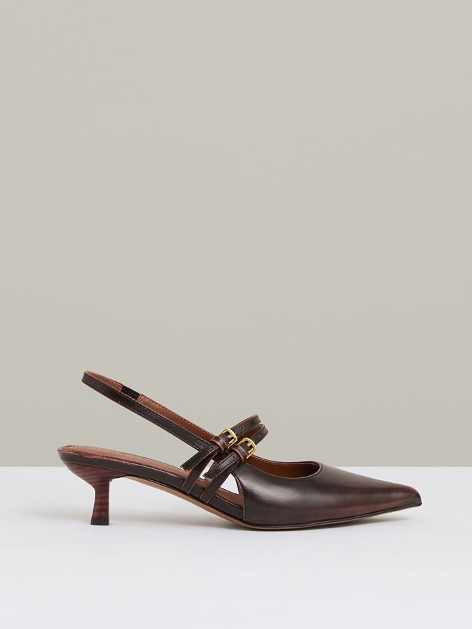 Leather Slingback Buckle Court Shoes in Chocolate (AN2403) | €240