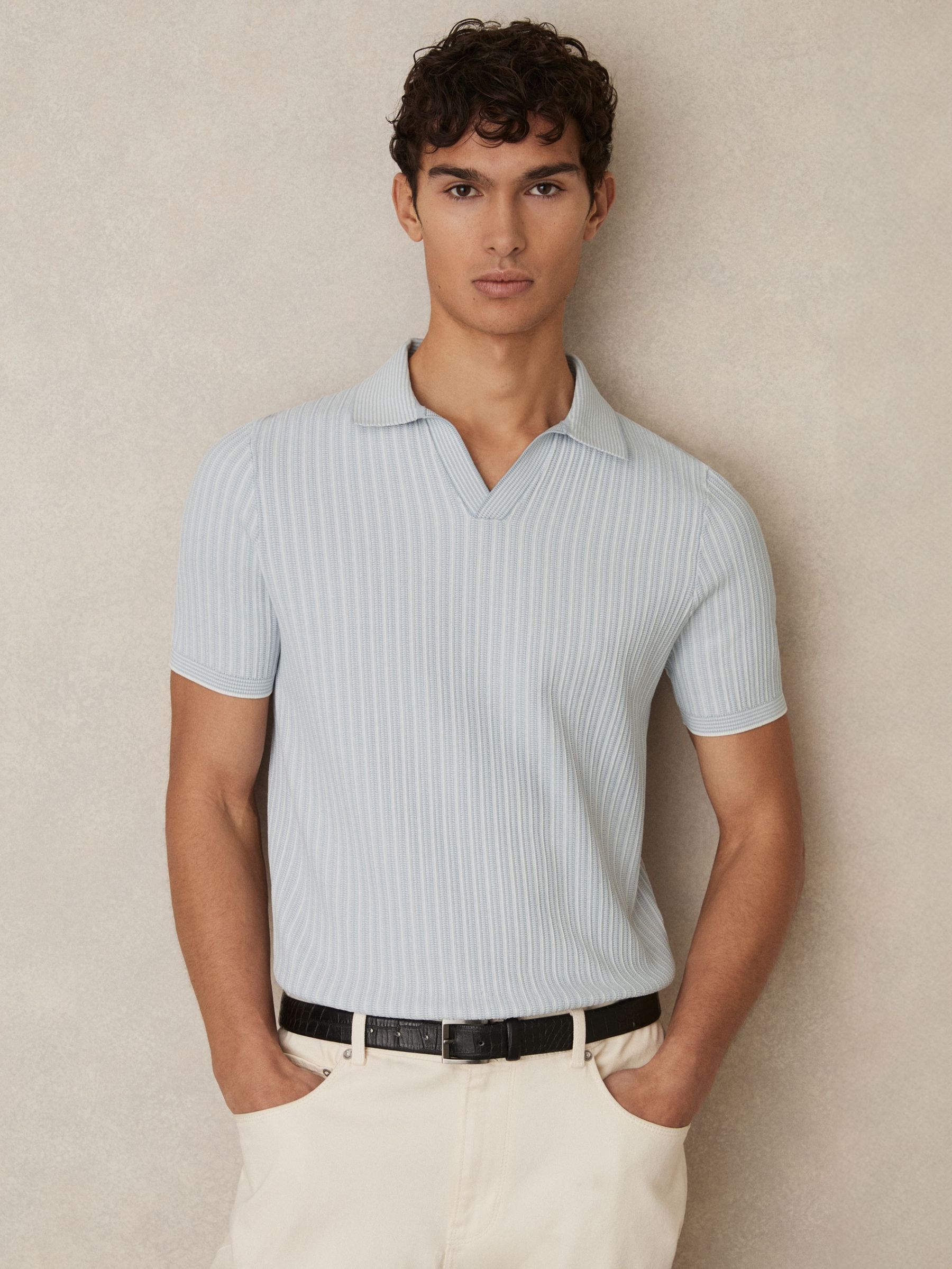 Open-Collar Textured Polo Shirt in Soft Blue/White (AN2406) | €145