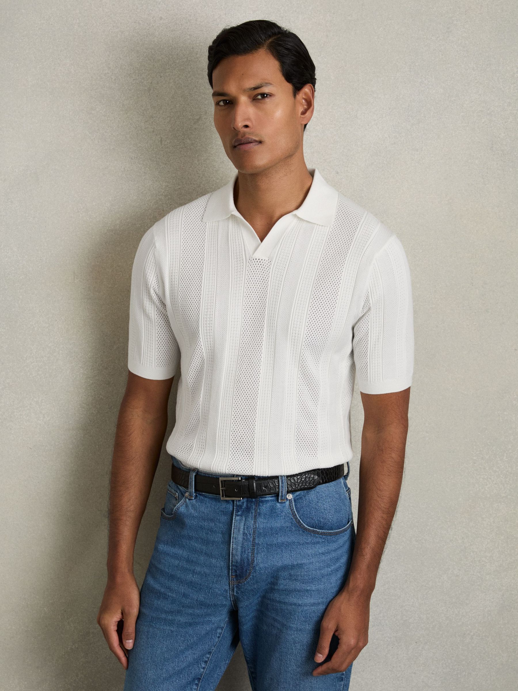 Textured-Stripe Knitted Polo Shirt in White (AN2413) | $225