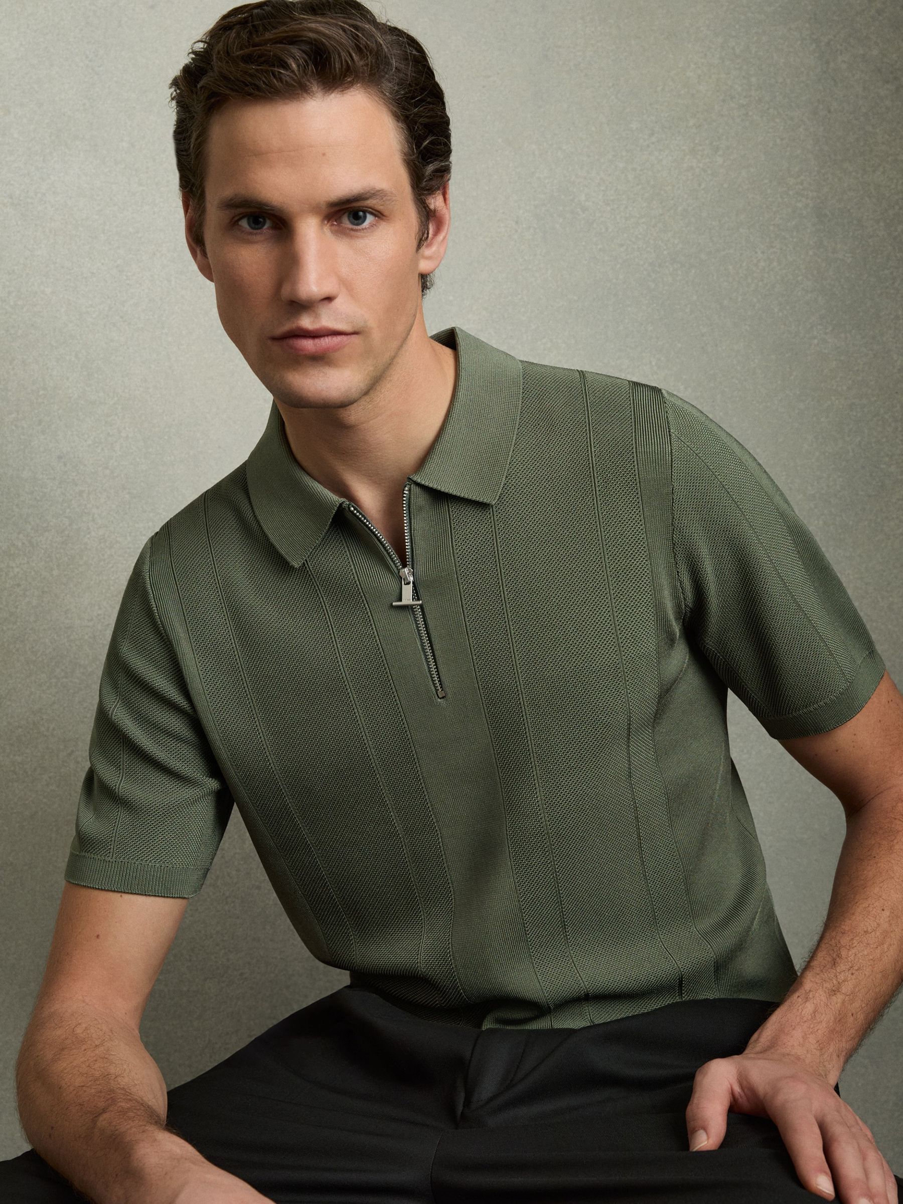 Half-Zip Textured-Knit Polo Shirt in Herb Green (AN2414) | US$180