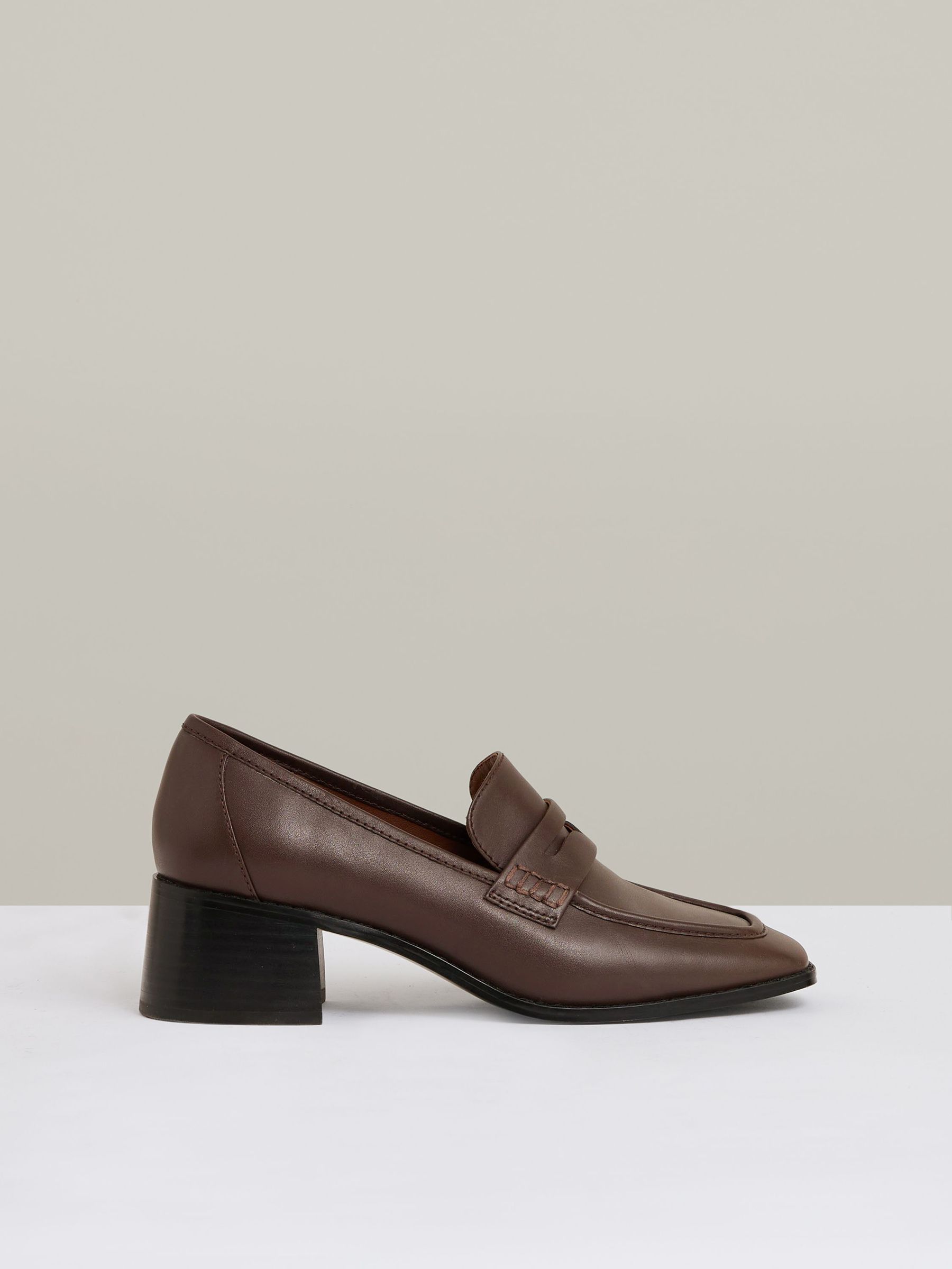 Leather Block-Heel Penny Loafers in Chocolate (AN2415) | US$290