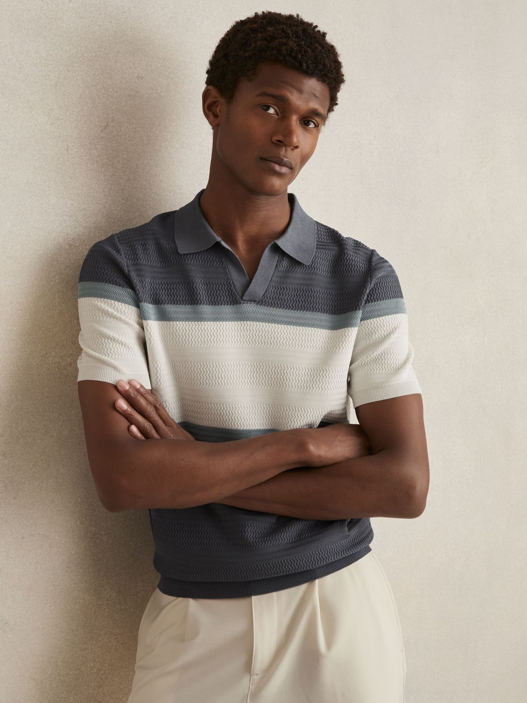 Textured Knit Stripe Polo Shirt in Airforce Blue (AN2418) | $225