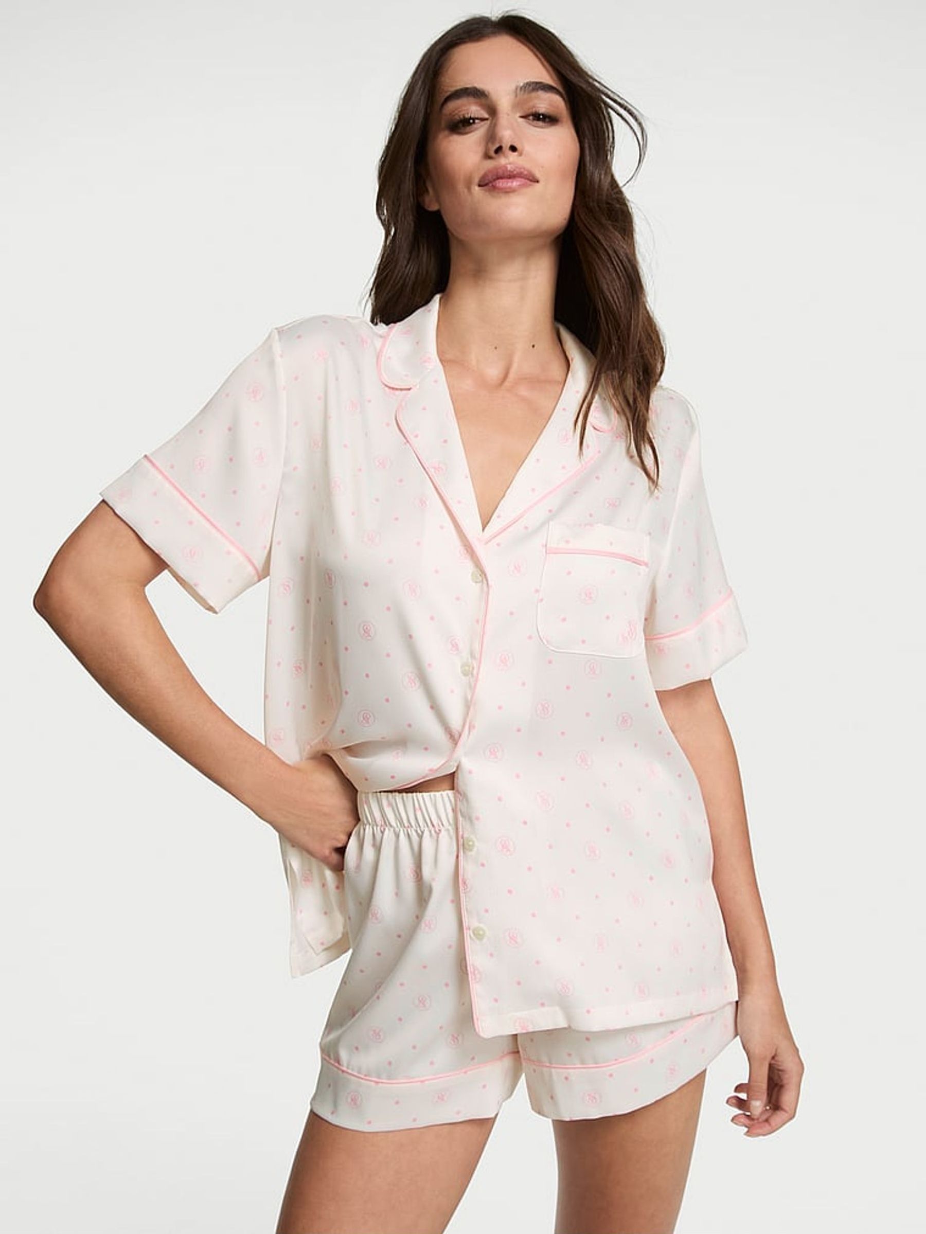 White Lockup Dot Satin Short Pyjama Set (AN3021) | €75