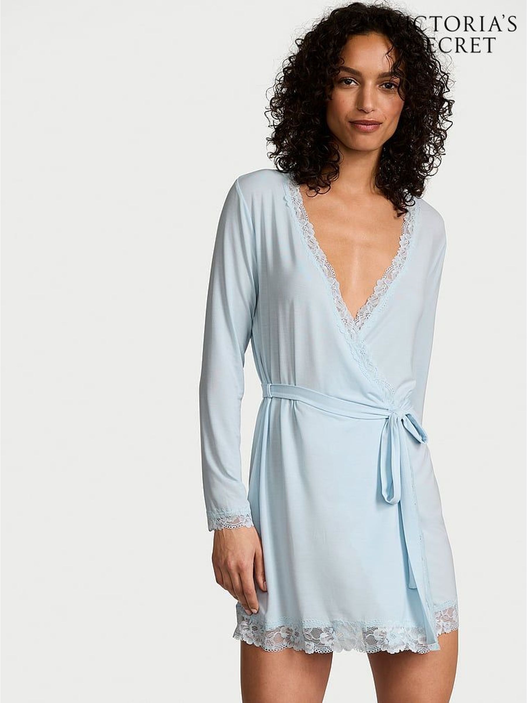 Palest Blue Modal Lace Trim Robe (AN3024) | €56