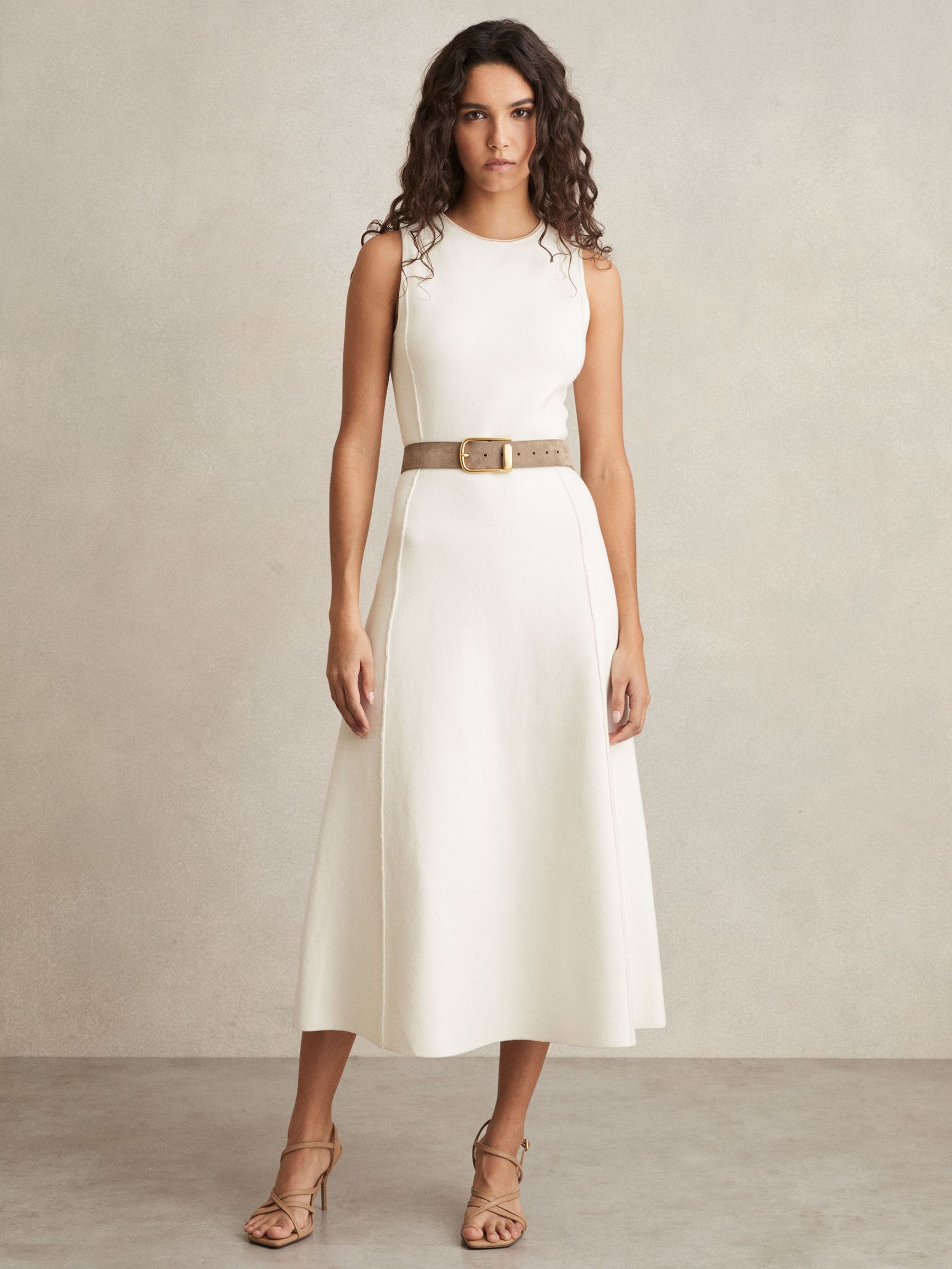 Robe mi-longue en tricot à surpiqûres petites tailles, ivoire (AN3989) | 270 €