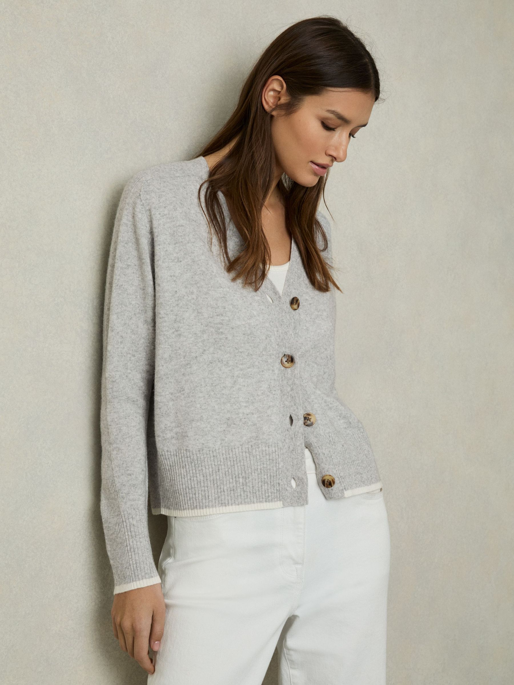 Tipped V-Neck Cardigan With Wool And Cashmere in Grey/Ivory (AN4017) | US$180