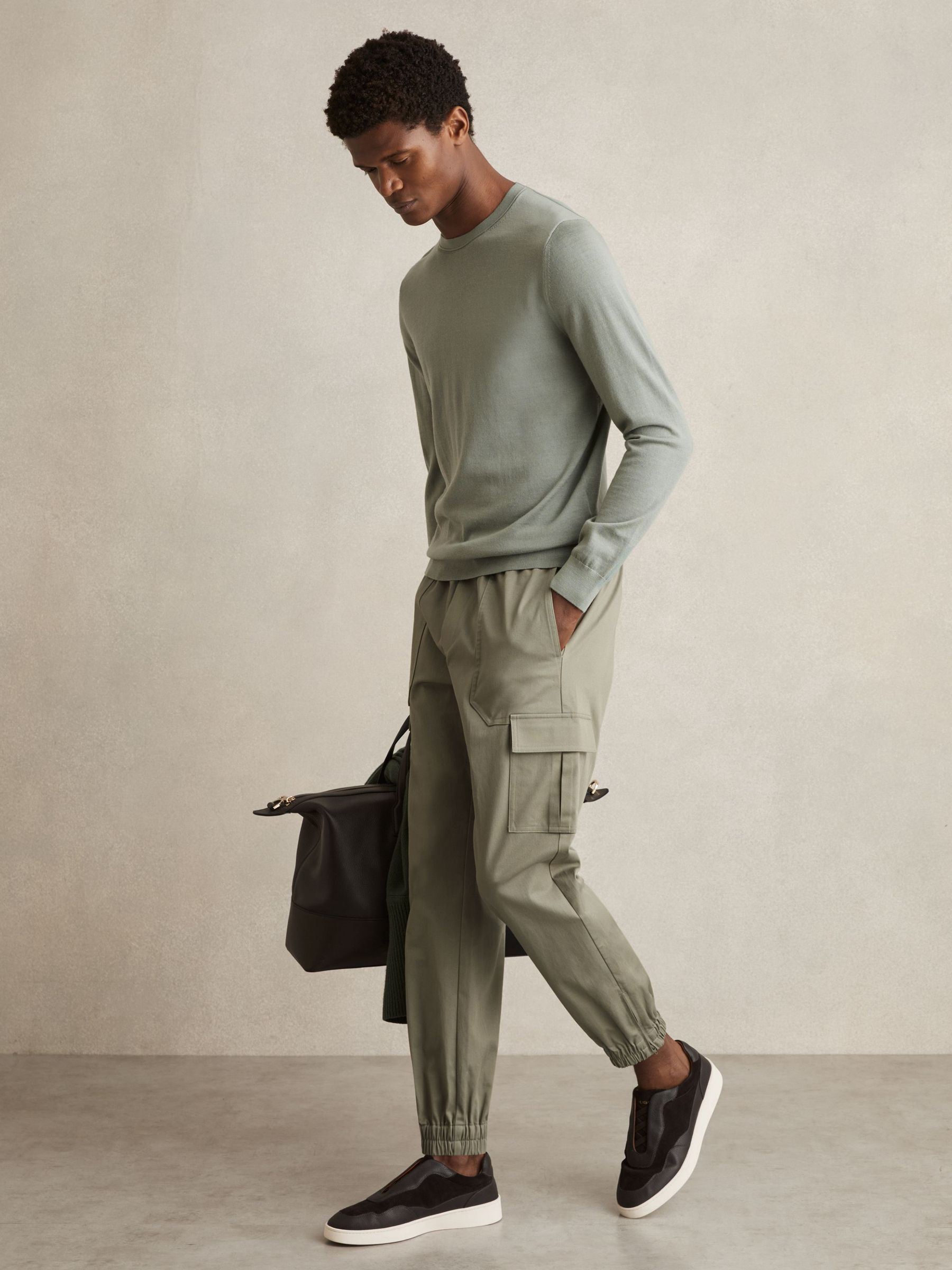 Cotton Drawstring Cargo Trousers in Washed Khaki Green (AN4933) | €195