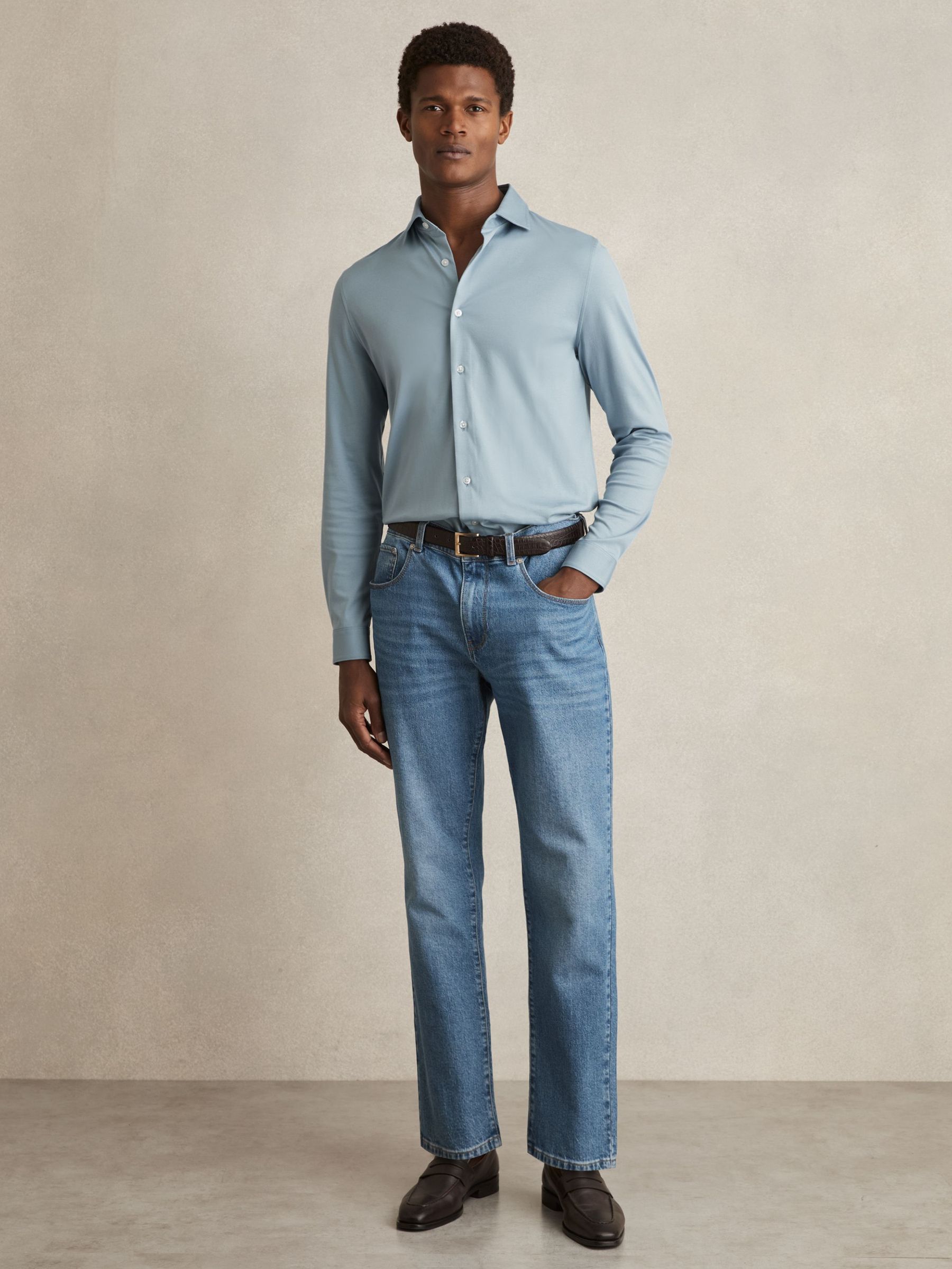 Cotton-Jersey Button-Through Shirt in Soft Blue (AN4950) | US$125
