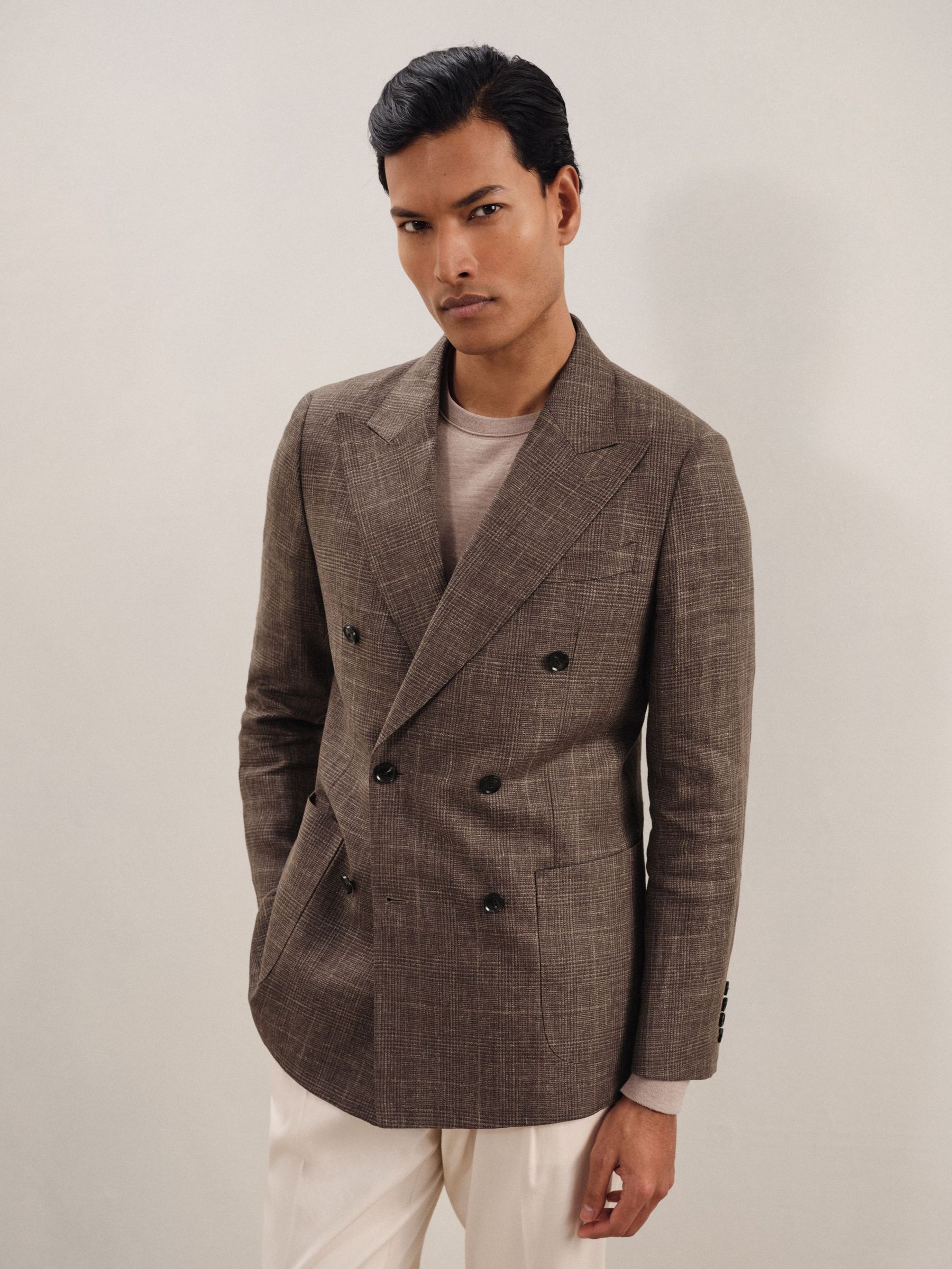 Slim Fit Linen Double-Breasted Check Blazer in Dark Brown (AN4952) | US$695