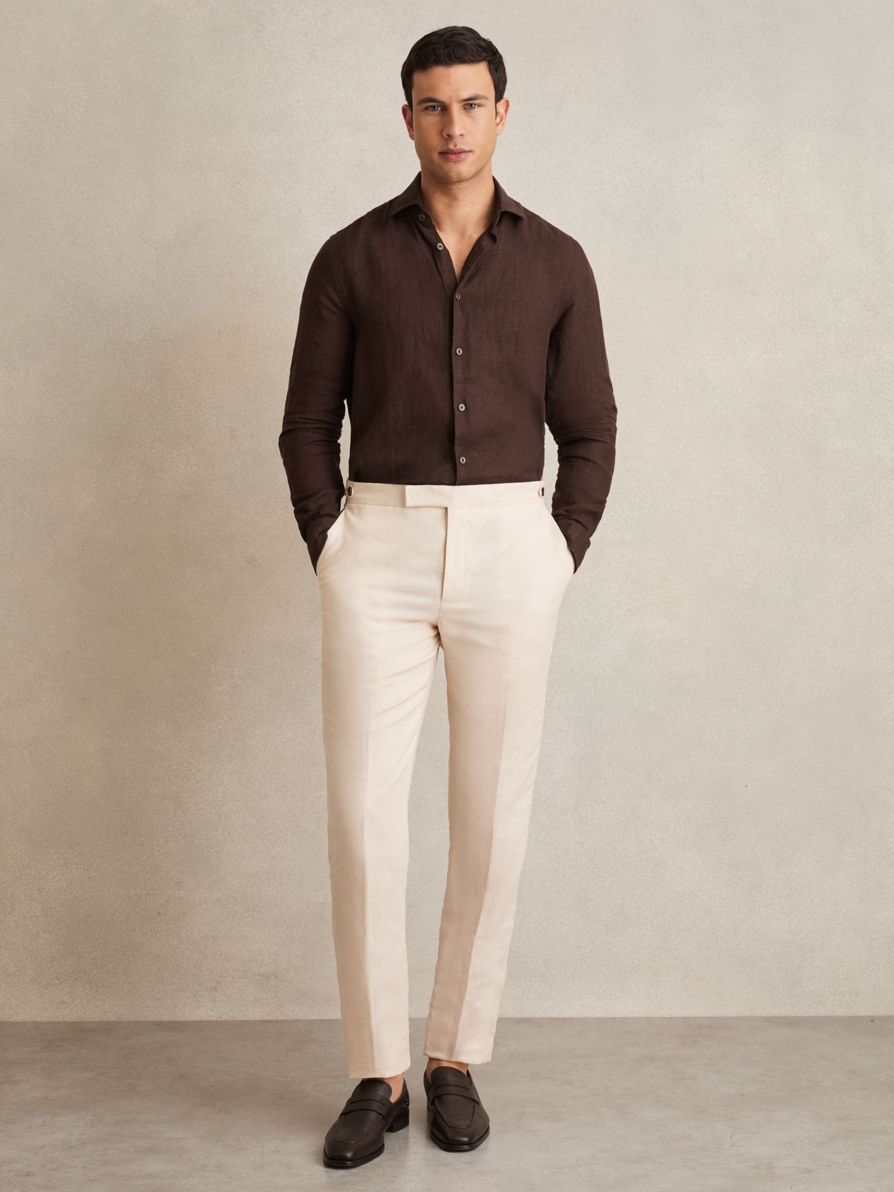 Linen Striped Cutaway-Collar Shirt in Dark Brown (AN4957) | €140