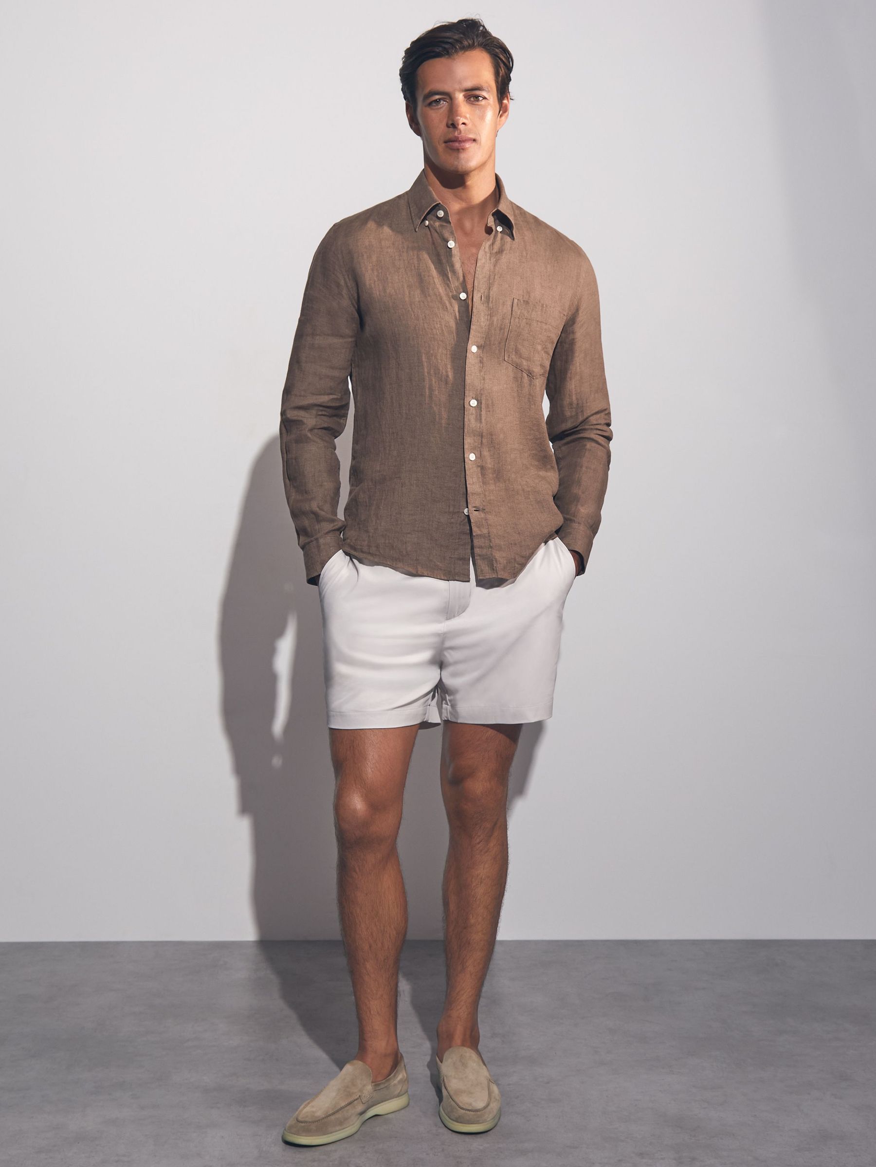 Linen Button Through Shirt in Light Taupe Brown (AN4962) | €140
