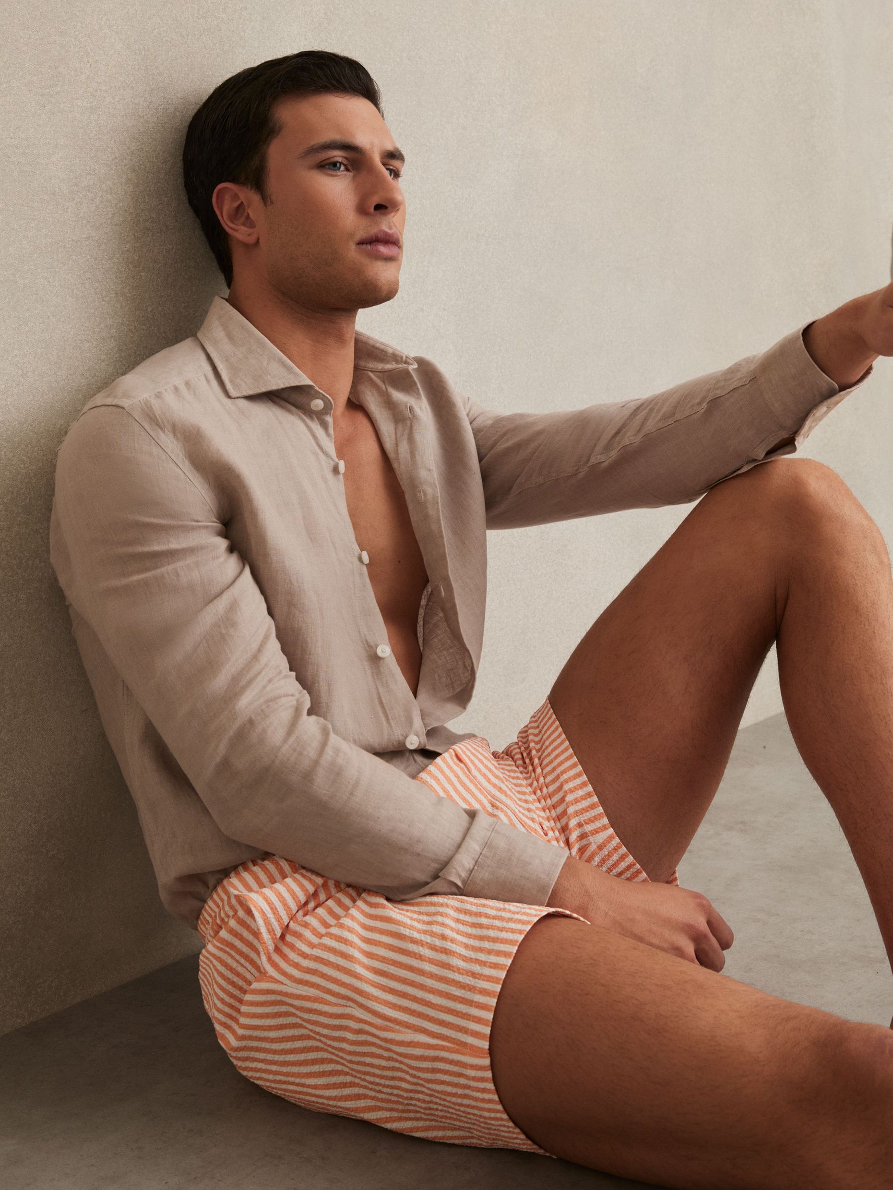 Seersucker Stripe Swim Shorts in Orange/White (AN4991) | US$110