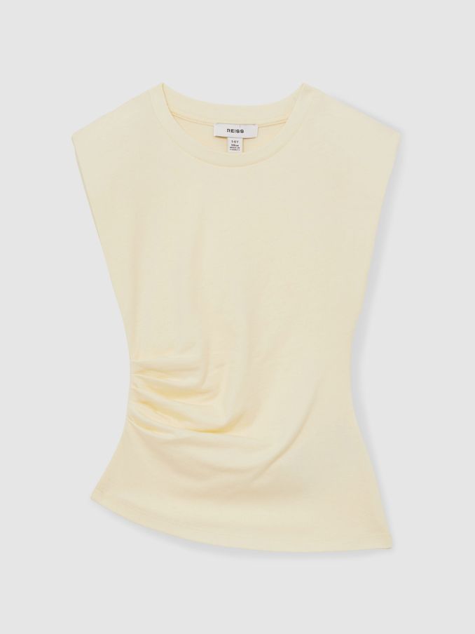 13-14 yrs Cotton-Jersey Cap-Sleeve Ruched Top in Lemon (AN5004) | US$45