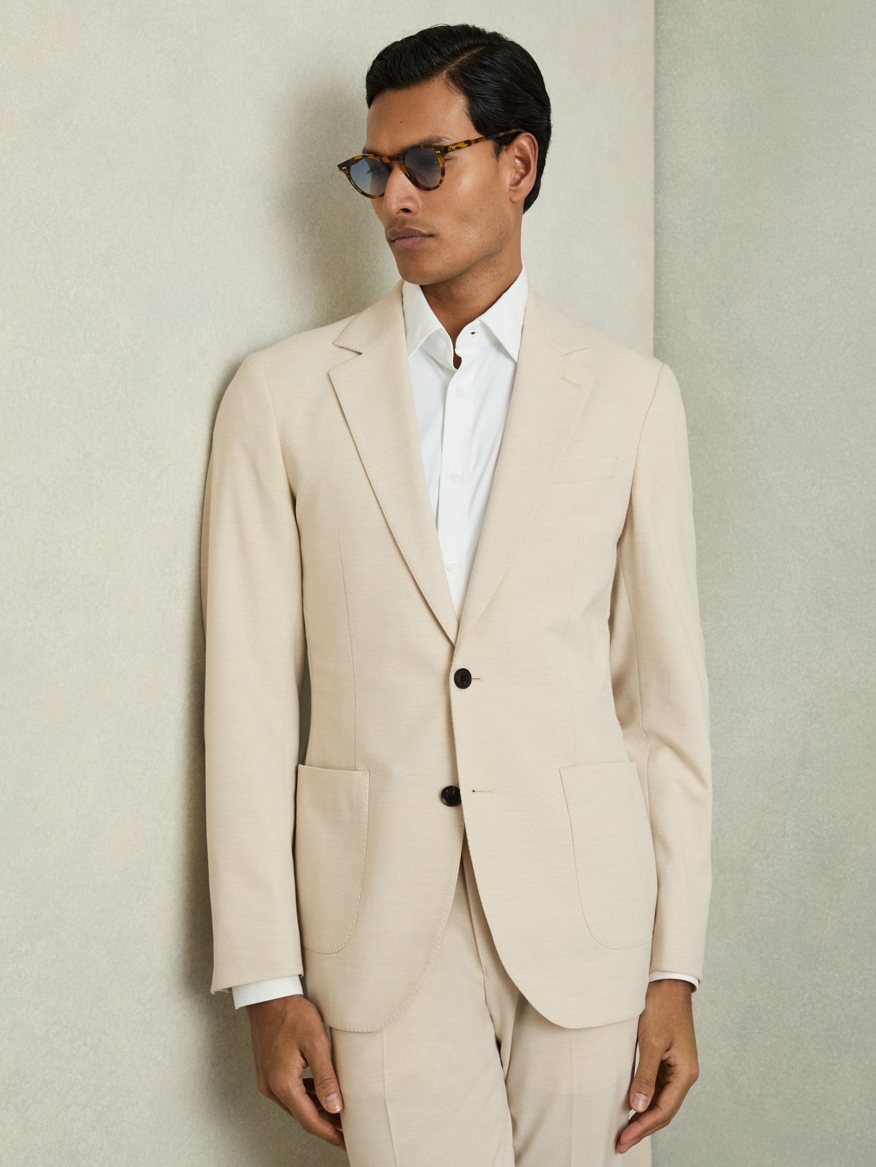 Single-Breasted Stretch Suit Blazer Slim-Fit in Stone (AN5555) | US$400