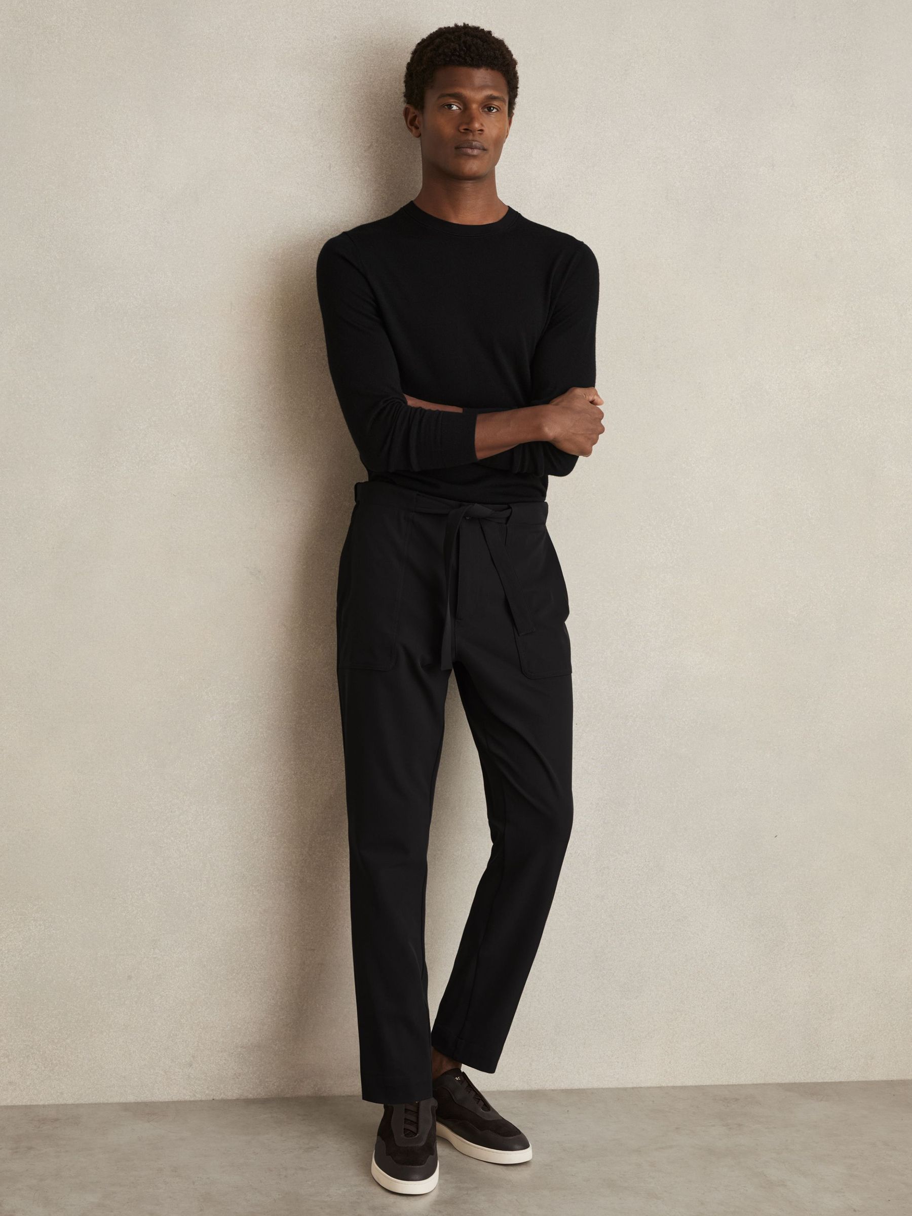 Belted Technical Tapered Trousers in Black (AN5793) | US$240