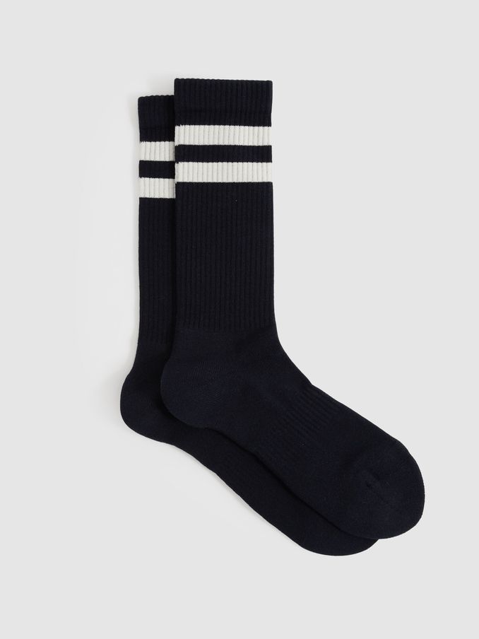 Cotton-Blend Double-Stripe Socks in Navy/Ecru (AN5799) | US$20