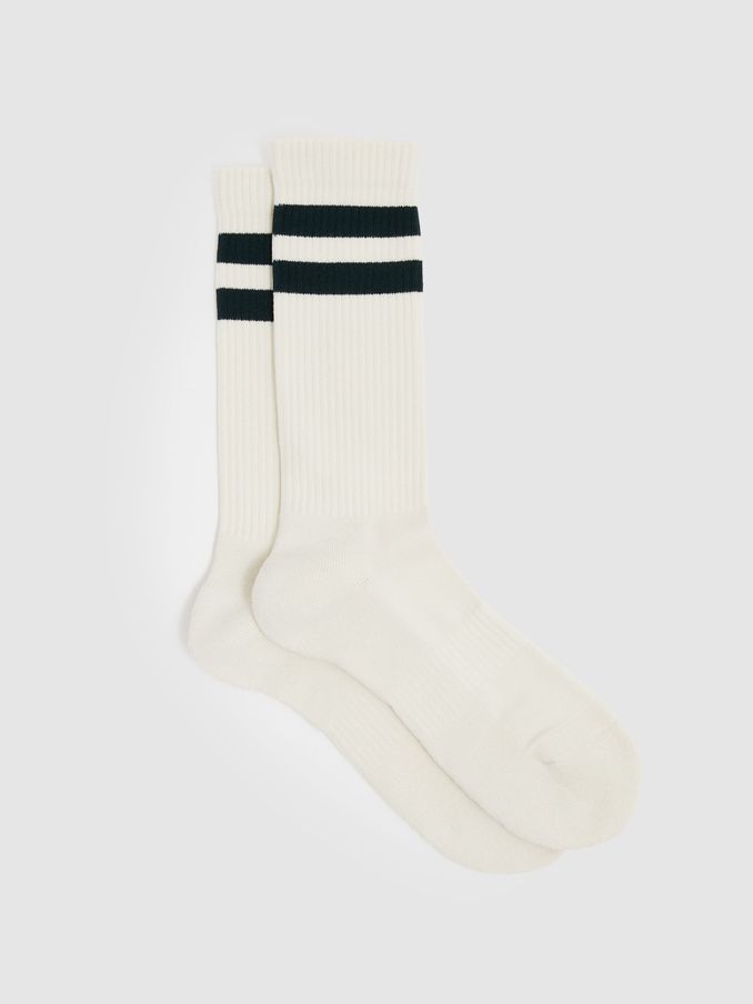 Cotton-Blend Double-Stripe Socks in Forest Green/Ecru (AN5801) | US$20