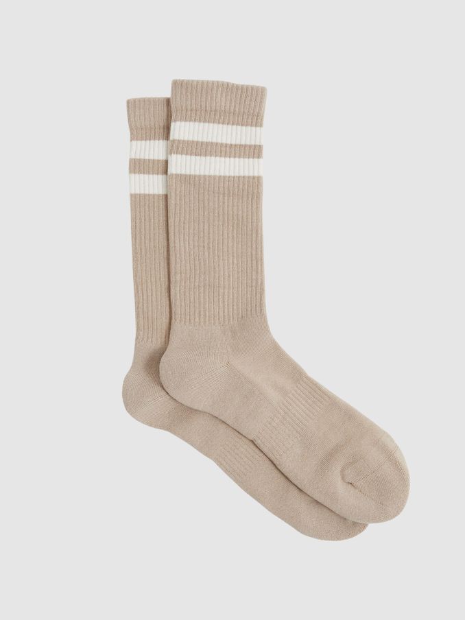 Cotton-Blend Double-Stripe Socks in Taupe/Ecru (AN5804) | €15