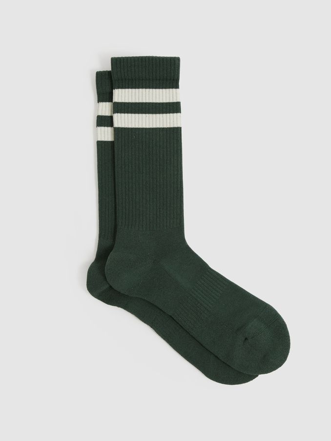Cotton-Blend Double-Stripe Socks in Pine Green/Ecru (AN5807) | US$20