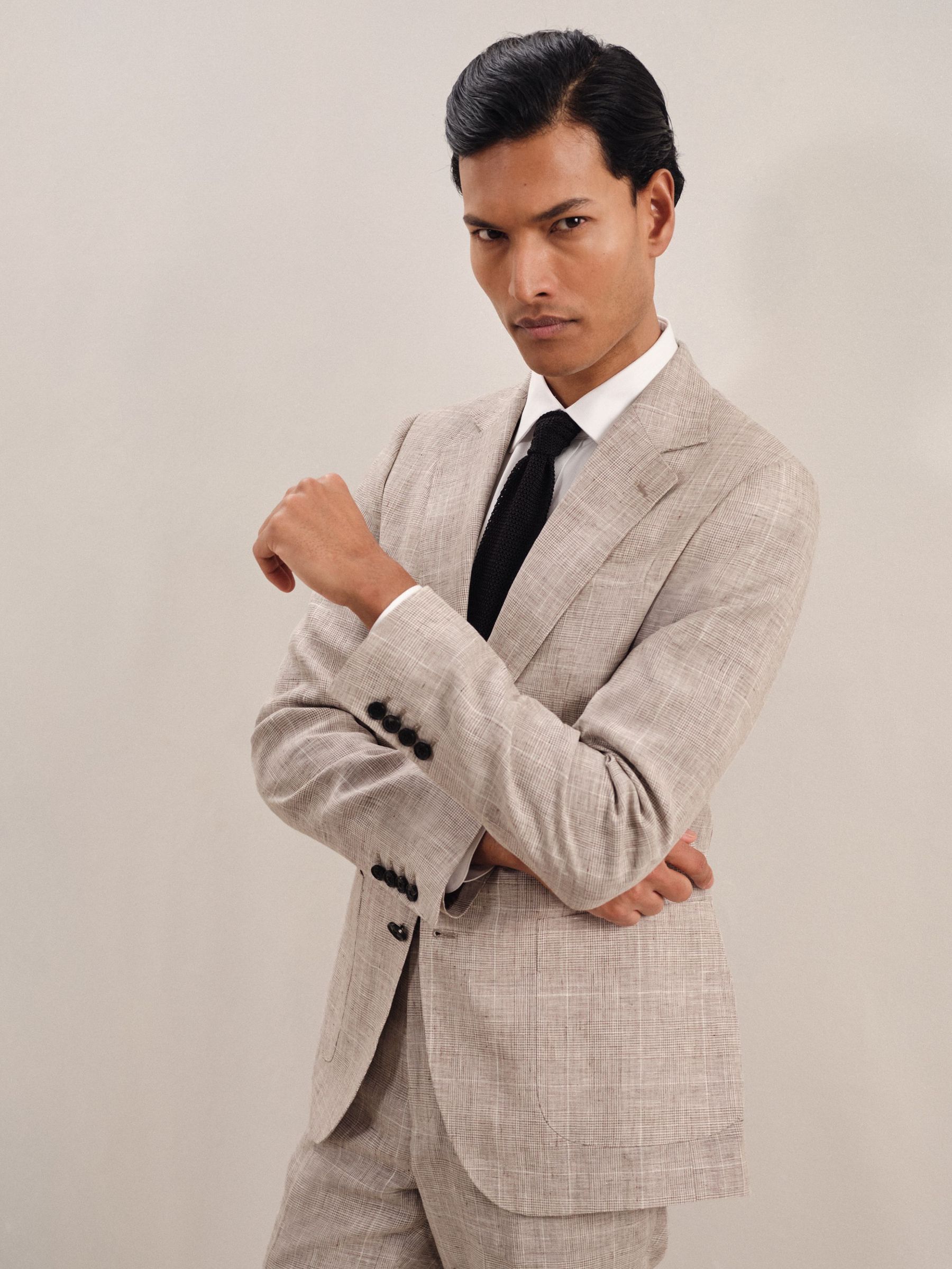 Slim-Fit Linen Single-Breasted Check Suit Blazer in Oatmeal (AN5810) | $675