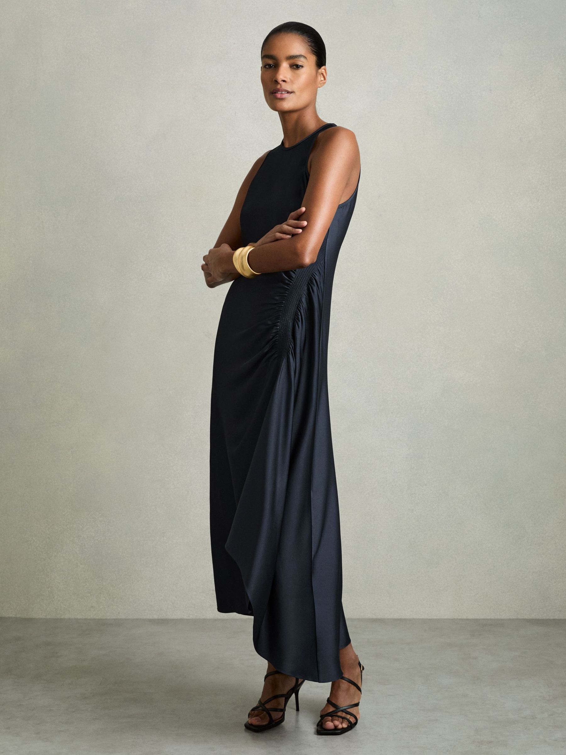 Petite Satin Shirred Midi Dress in Navy (AN6306) | US$285