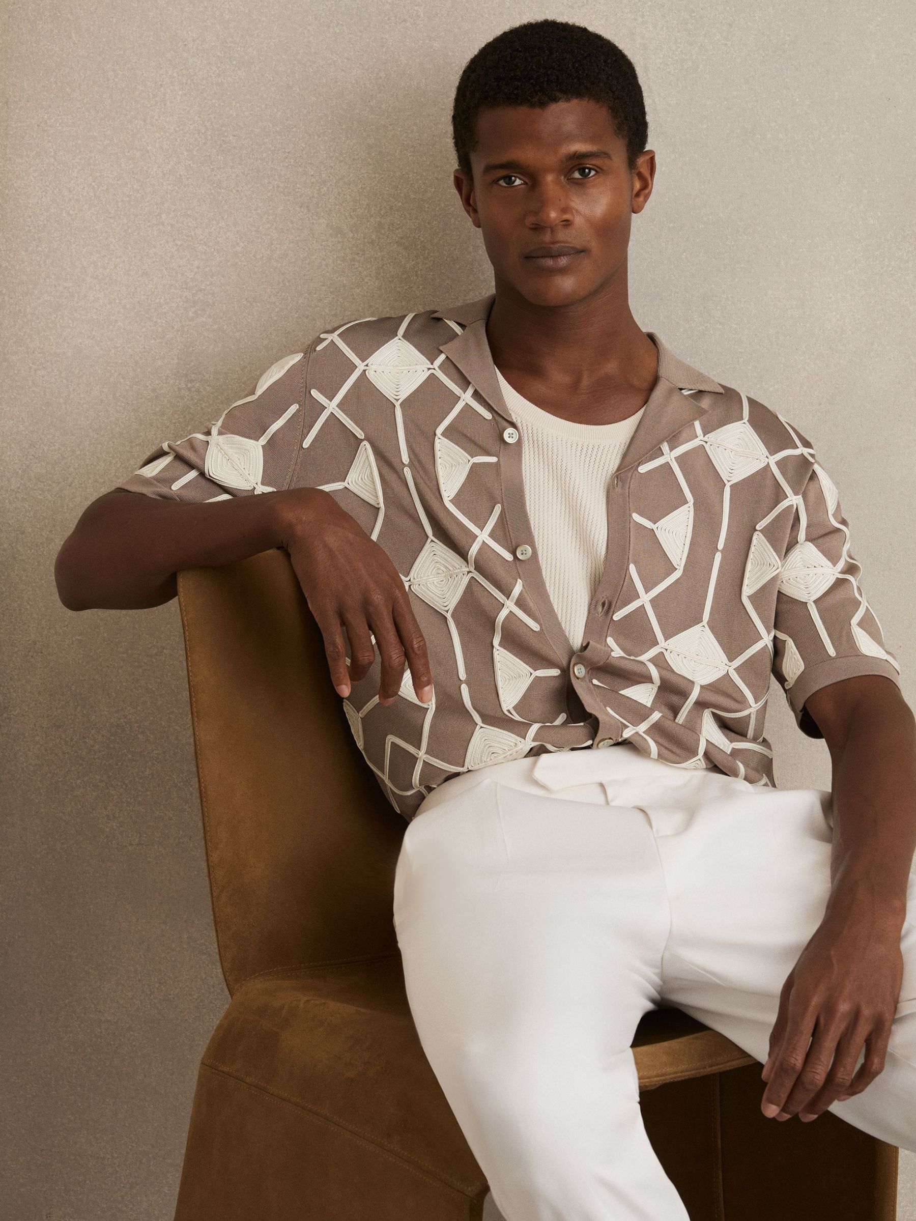 Geometric Embroidery Knit Shirt in Taupe Brown (AN6311) | CA$270