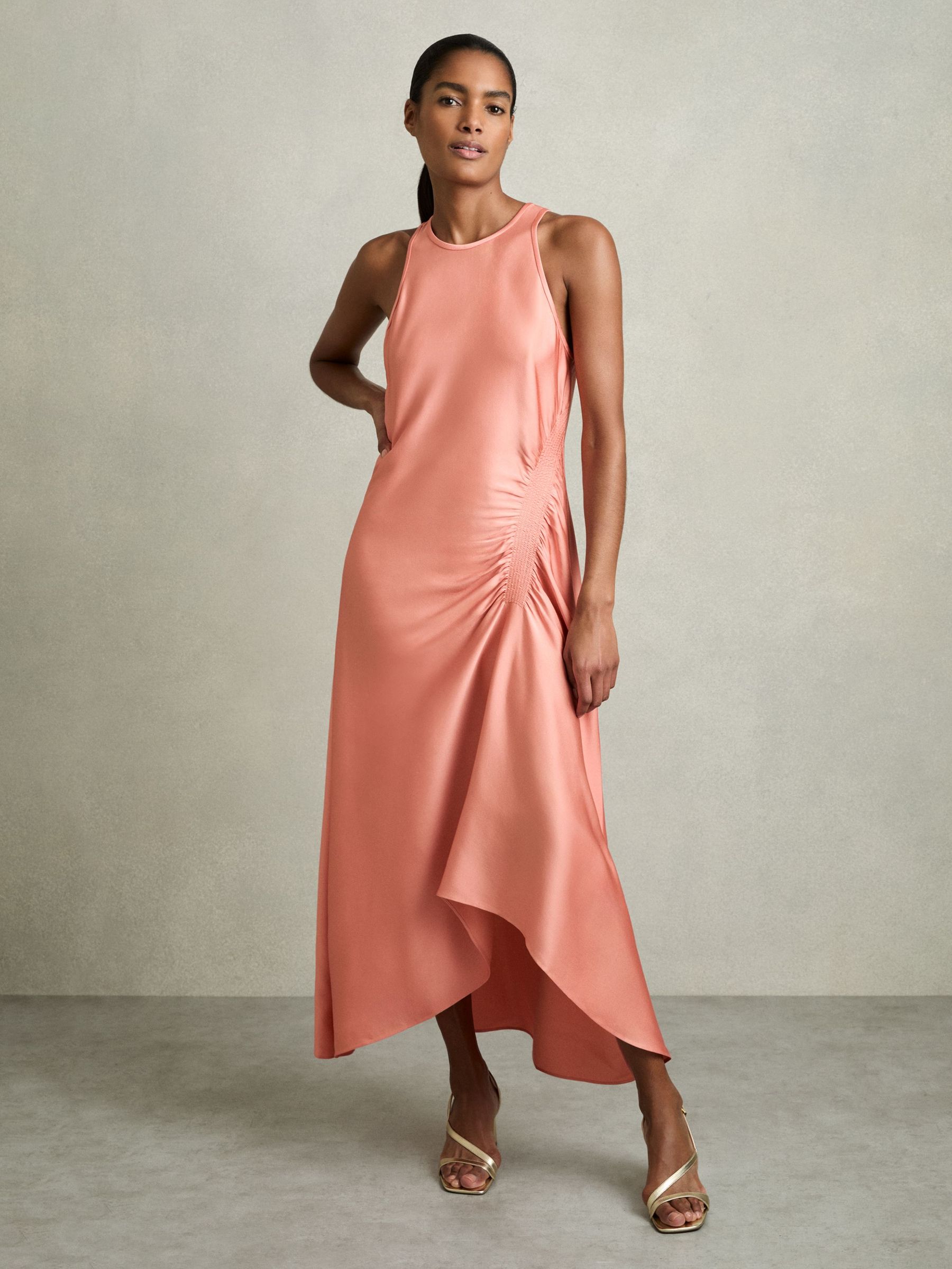 Petite Satin Shirred Midi Dress in Coral (AN6312) | €245