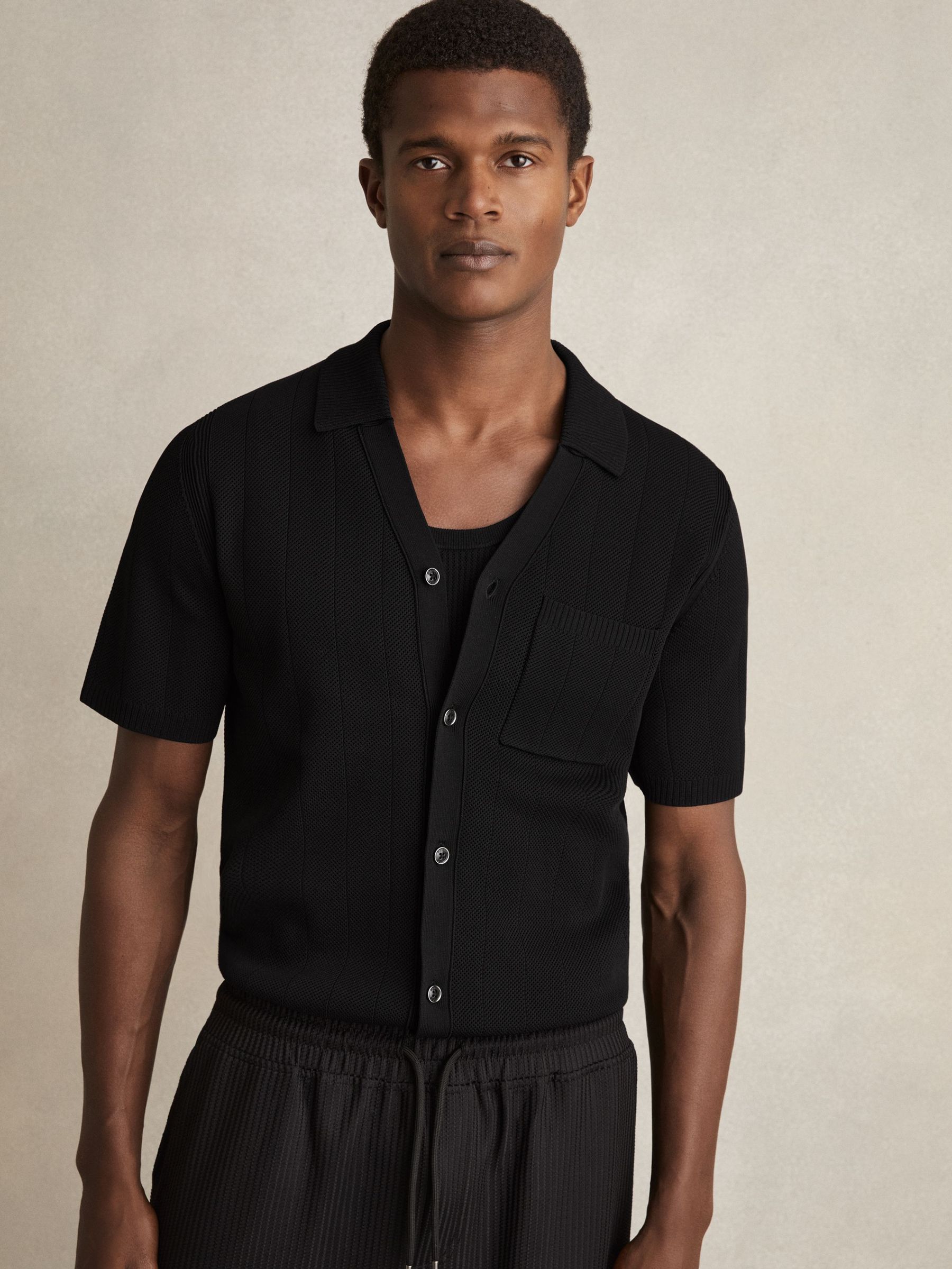 V-Neck Collar Textured Knit Shirt in Black (AN6326) | US$215