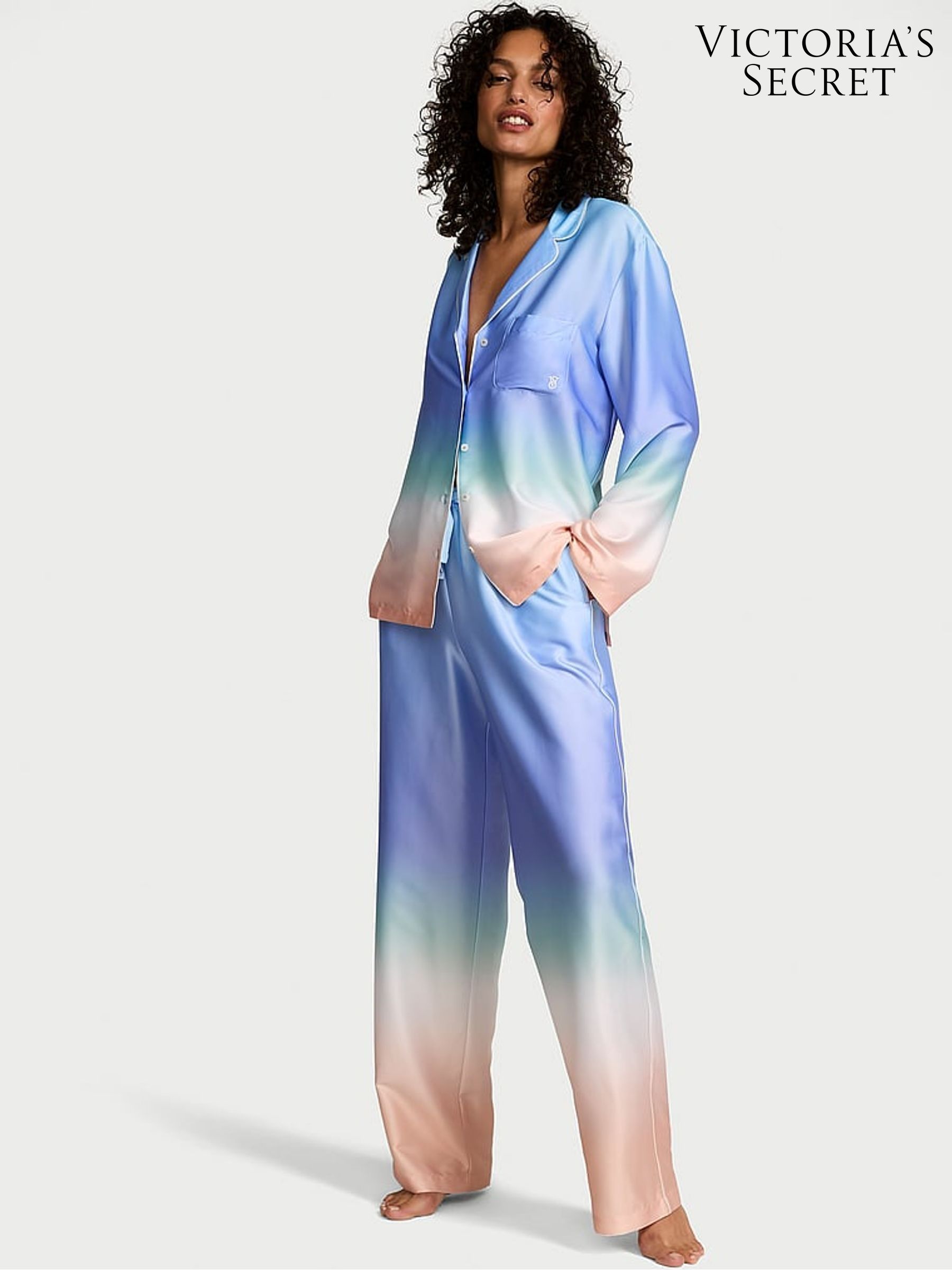 Shell Blue Ombre Satin Long Pyjama Set (AN6547) | €79