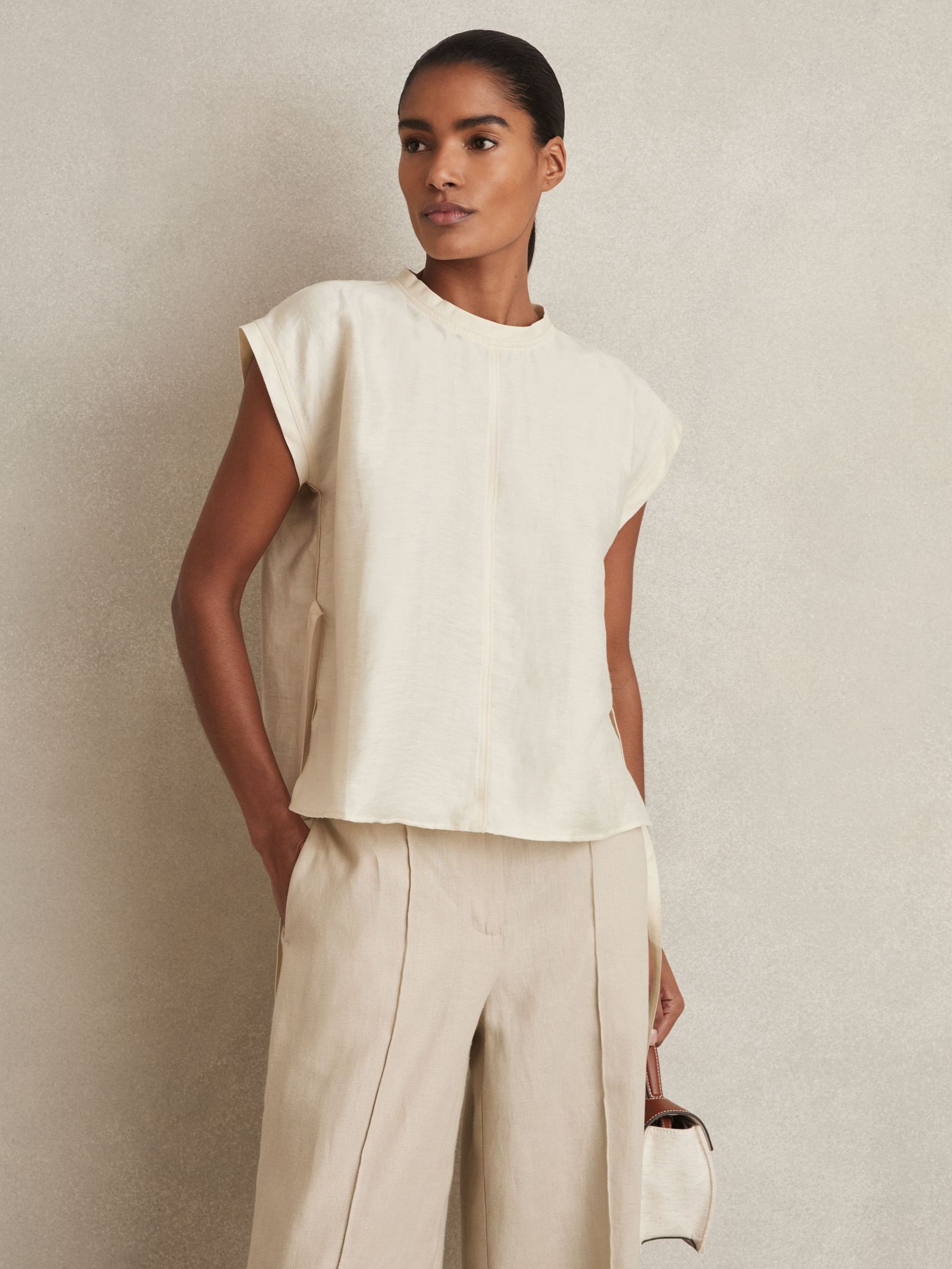 Linen-Blend Cap-Sleeve T-Shirt in Cream (AN7391) | US$110