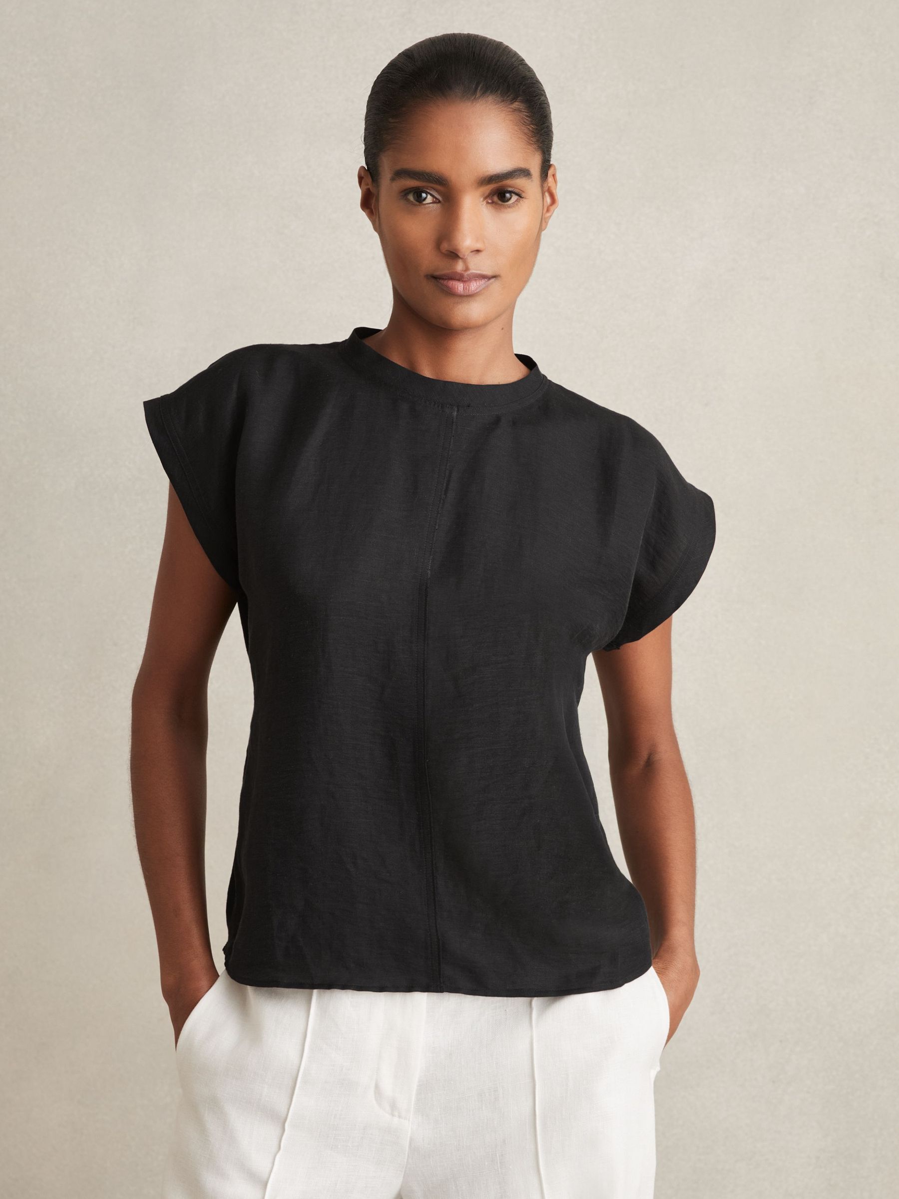 Linen-Blend Cap-Sleeve T-Shirt in Black (AN7395) | €95
